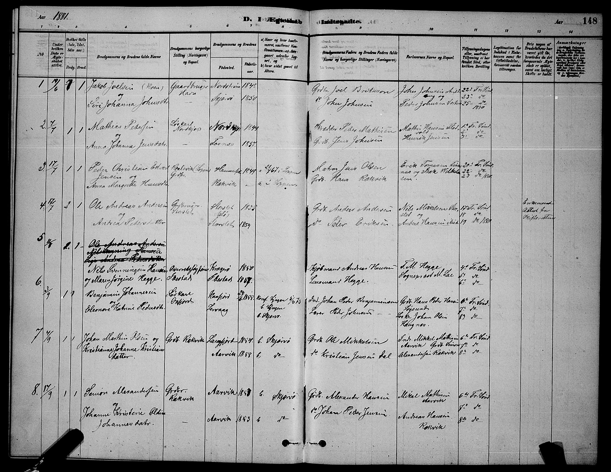 Skjervøy sokneprestkontor, AV/SATØ-S-1300/H/Ha/Hab/L0006klokker: Klokkerbok nr. 6, 1878-1888, s. 148