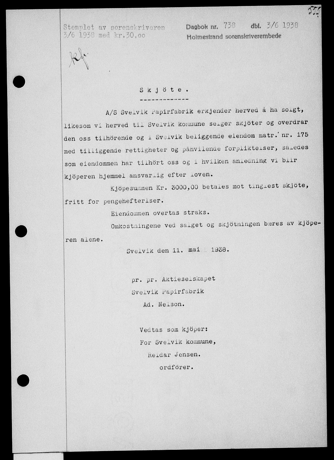 Holmestrand sorenskriveri, SAKO/A-67/G/Ga/Gaa/L0049: Pantebok nr. A-49, 1937-1938, Dagboknr: 738/1938