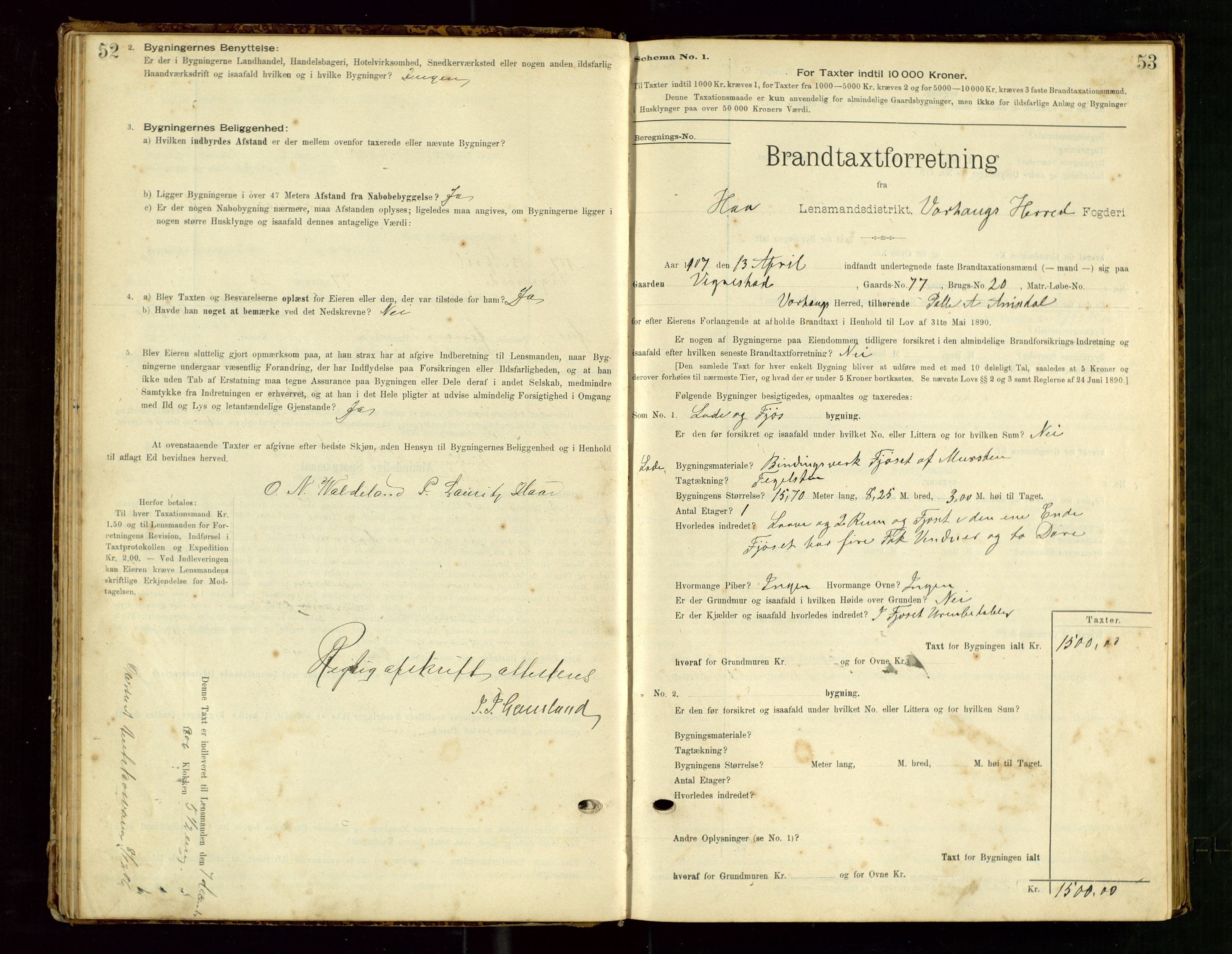 Hå lensmannskontor, SAST/A-100456/Goa/L0003: Takstprotokoll (skjema), 1895-1911, s. 52-53