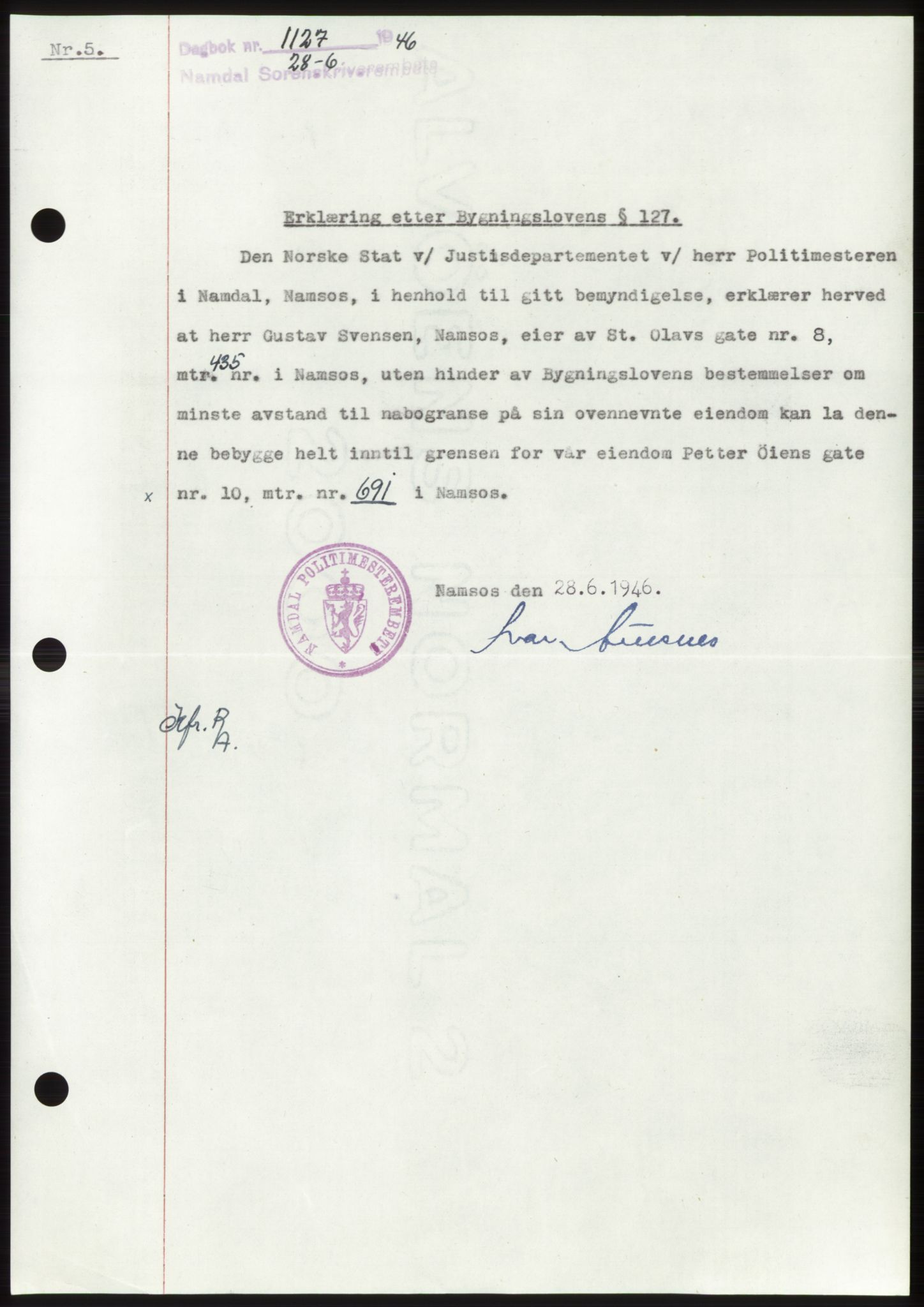 Namdal sorenskriveri, SAT/A-4133/1/2/2C: Pantebok nr. -, 1946-1946, Dagboknr: 1127/1946