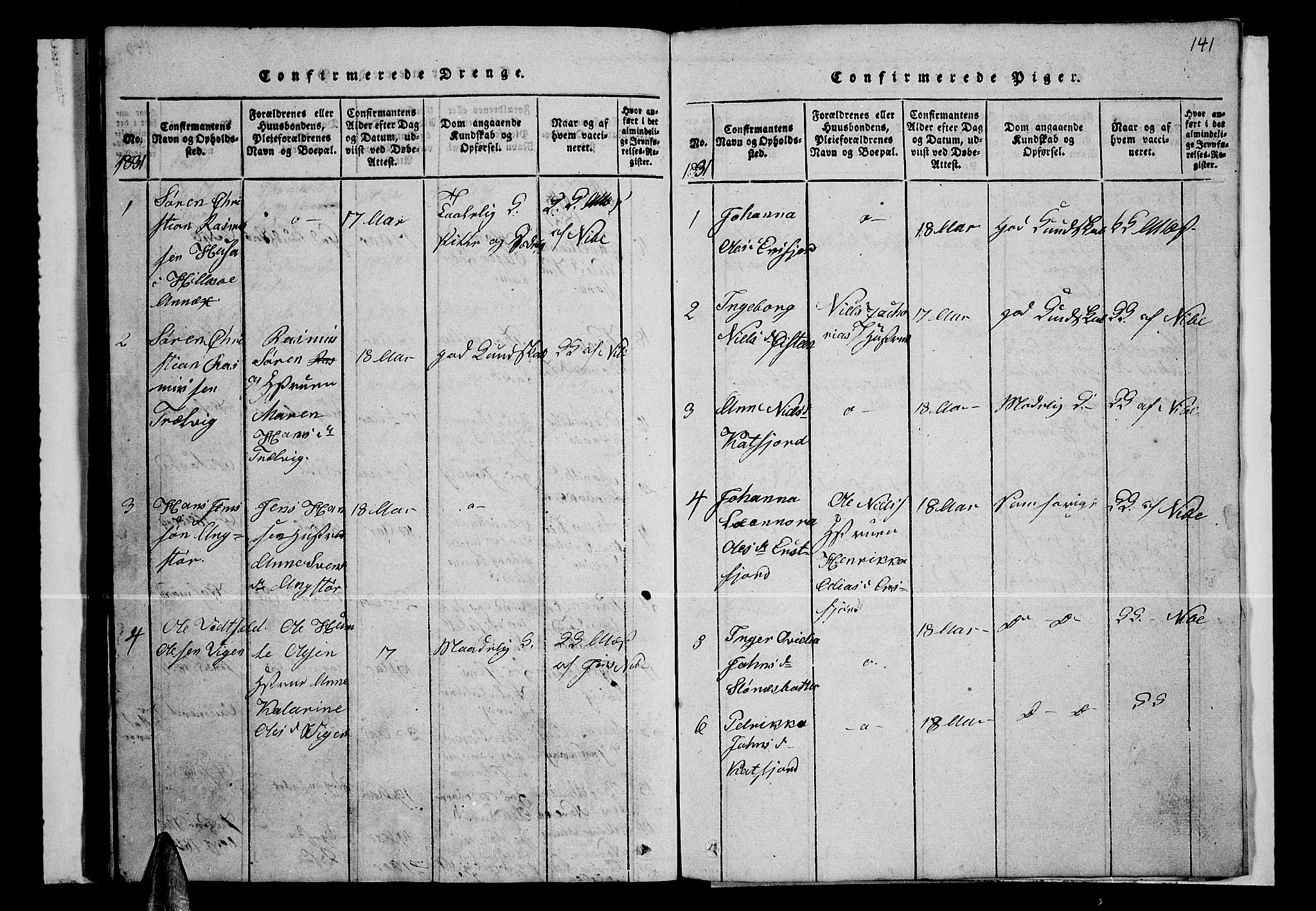 Lenvik sokneprestembete, SATØ/S-1310/H/Ha/Hab/L0001klokker: Klokkerbok nr. 1, 1822-1837, s. 141