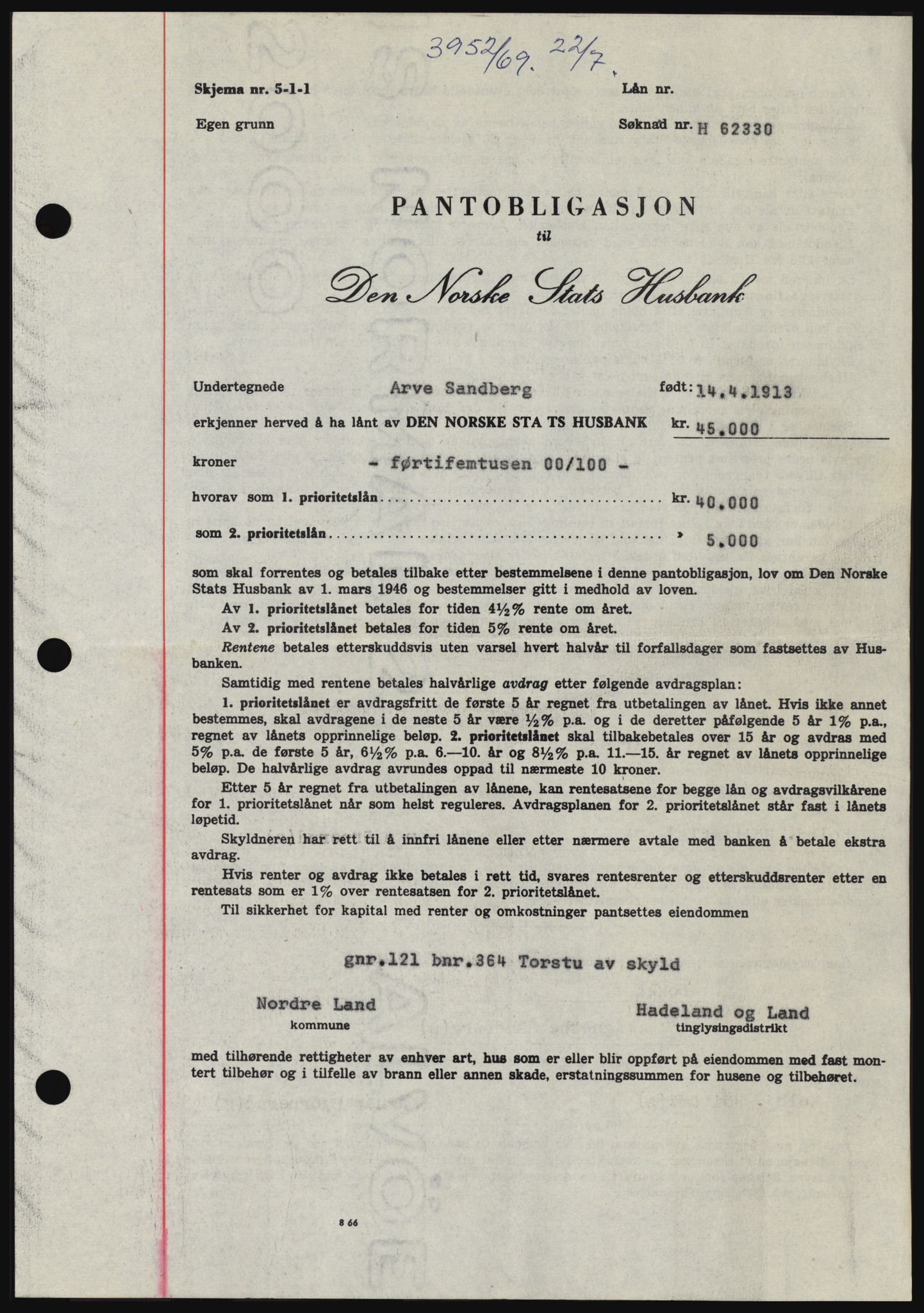 Hadeland og Land tingrett, SAH/TING-010/H/Hb/Hbc/L0074: Pantebok nr. B74, 1969-1969, Dagboknr: 3952/1969