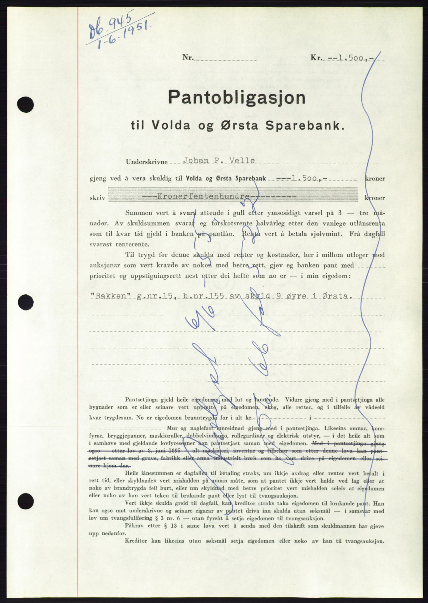 Søre Sunnmøre sorenskriveri, SAT/A-4122/1/2/2C/L0120: Pantebok nr. 8B, 1951-1951, Dagboknr: 945/1951