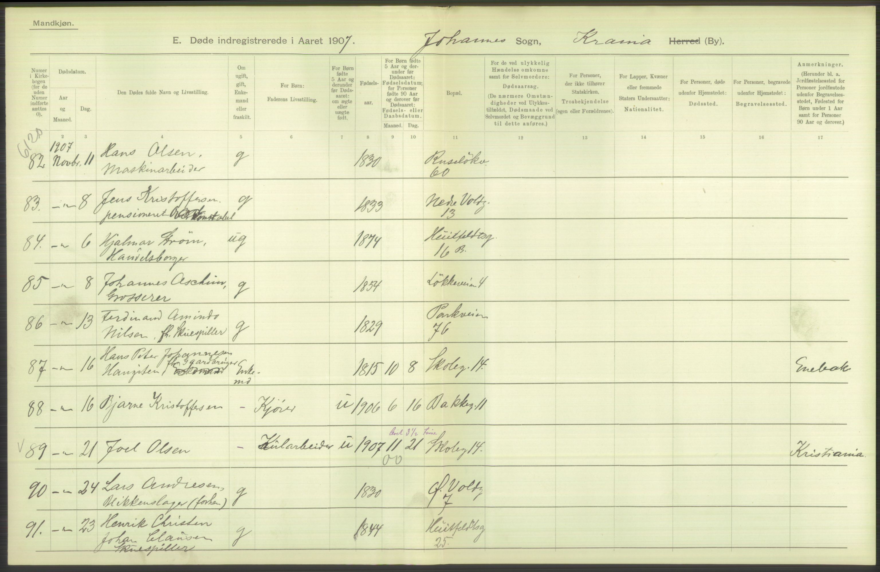 Statistisk sentralbyrå, Sosiodemografiske emner, Befolkning, AV/RA-S-2228/D/Df/Dfa/Dfae/L0010: Kristiania: Døde, dødfødte, 1907, s. 436