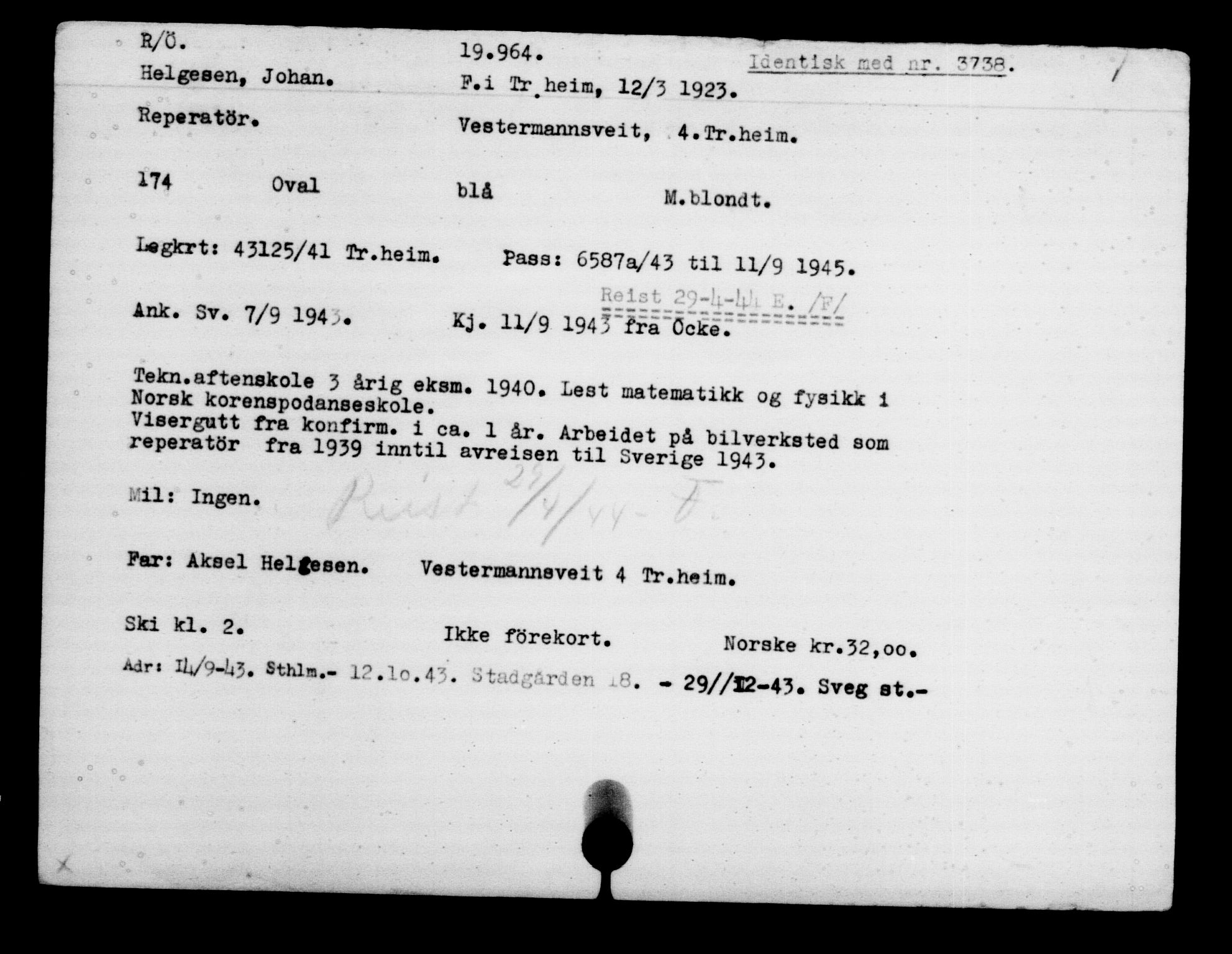 Utenriksstasjonene, Legasjonen i Stockholm, Flyktningkontoret, AV/RA-S-6753/V/Va/L0009: Kjesäterkartoteket, flyktninger med registreringsnr. 18502-22048, 1940-1945, s. 1623