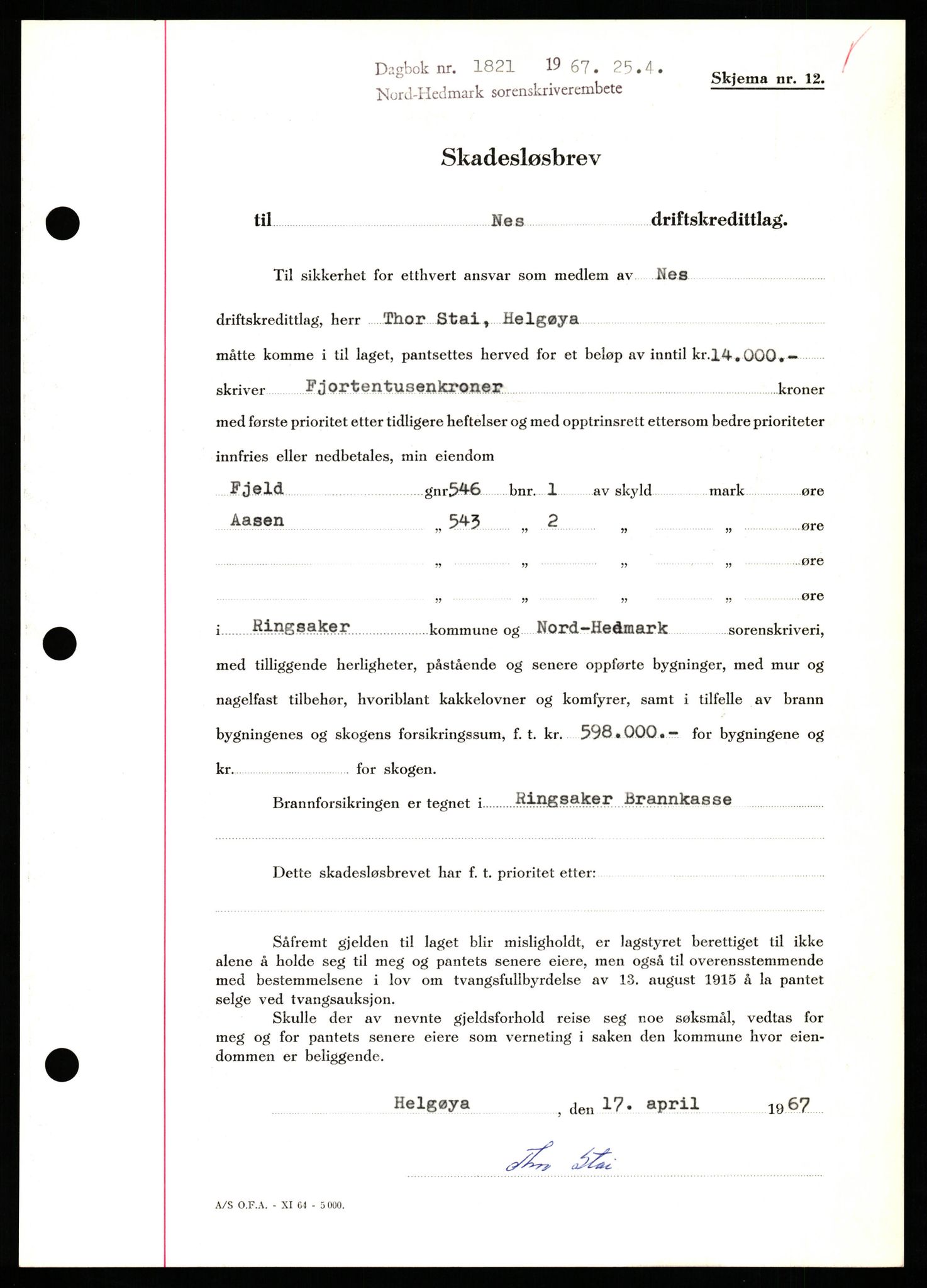 Nord-Hedmark sorenskriveri, SAH/TING-012/H/Hb/Hbf/L0071: Pantebok nr. B71, 1967-1967, Dagboknr: 1821/1967