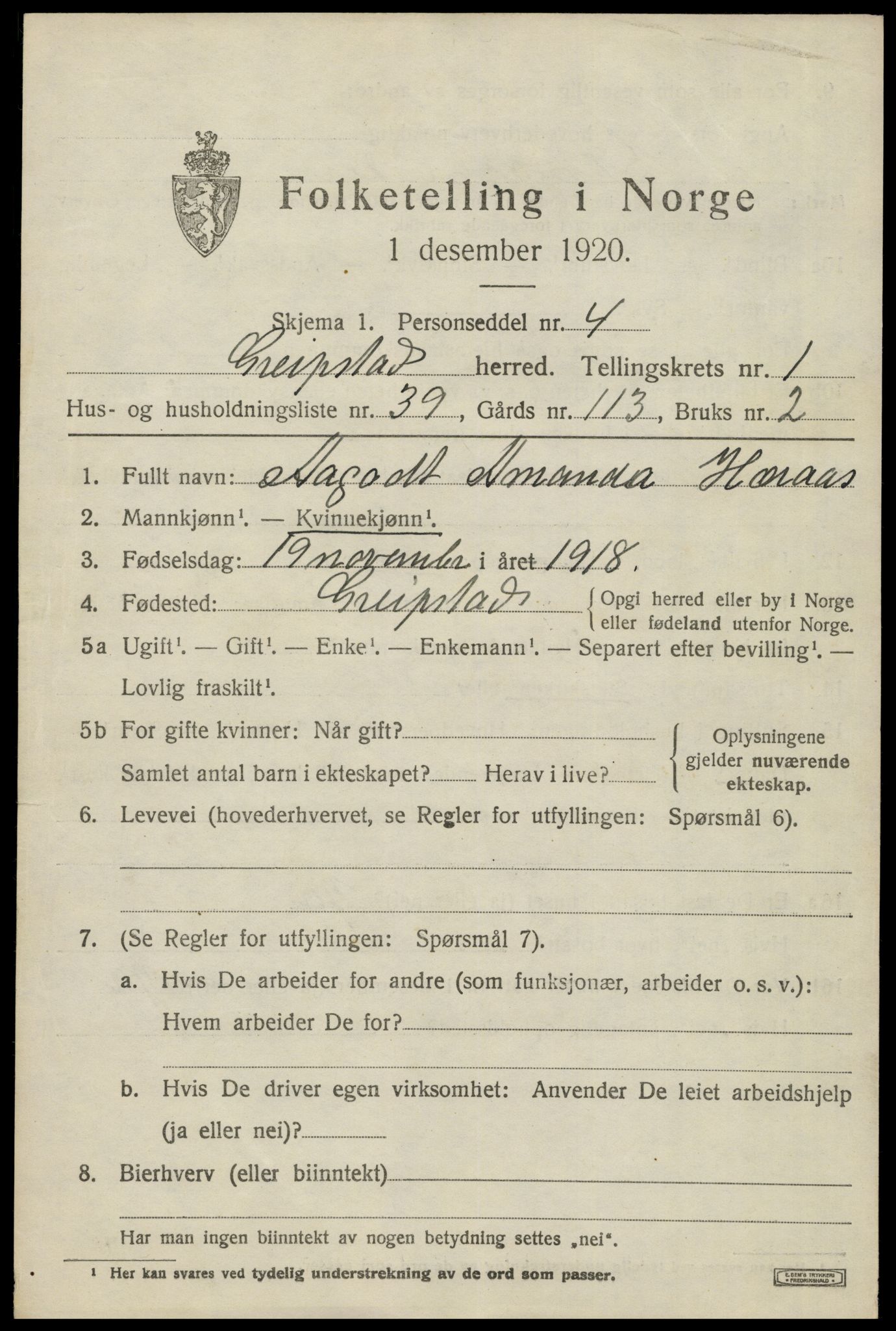 SAK, Folketelling 1920 for 1017 Greipstad herred, 1920, s. 860
