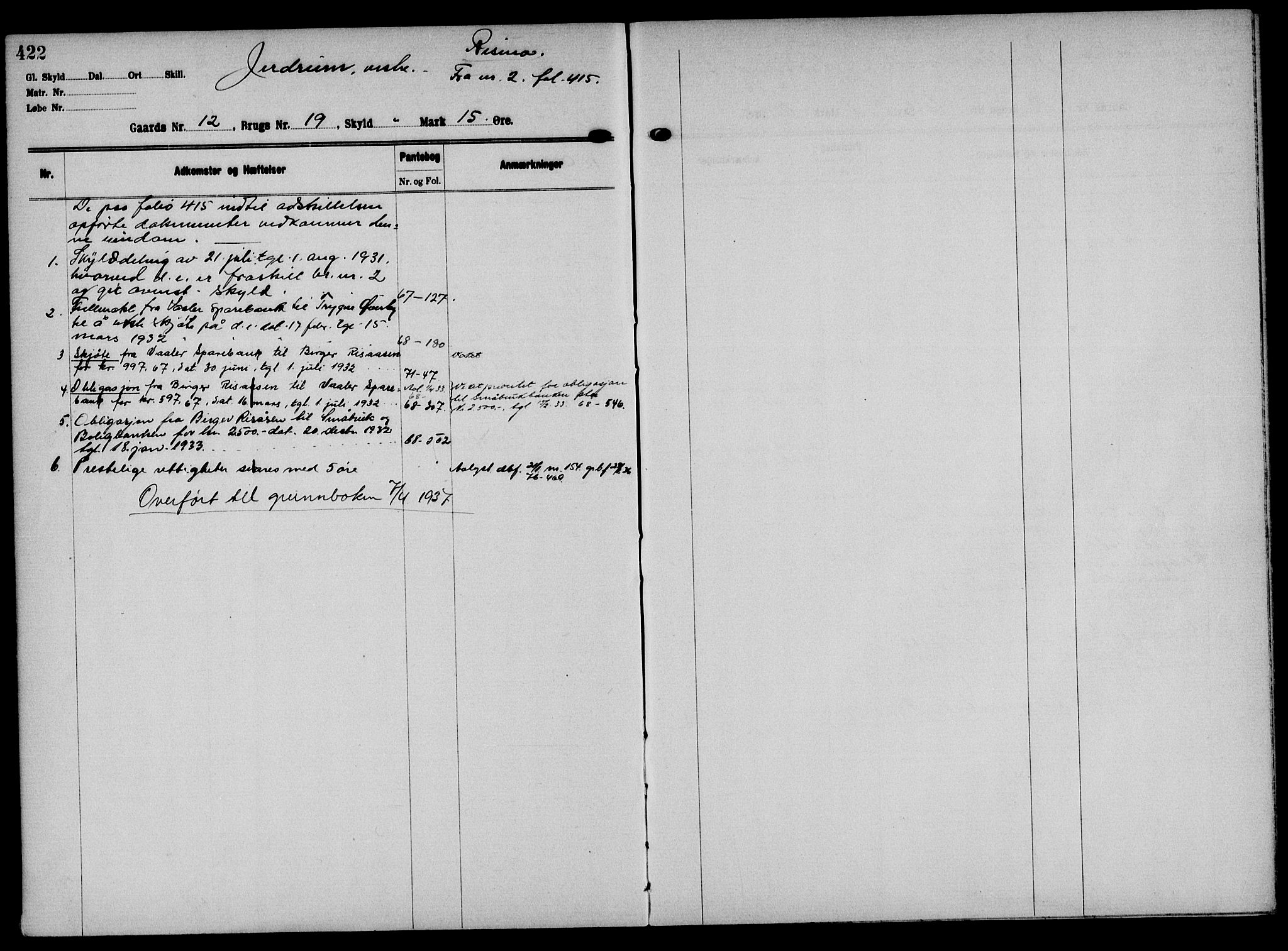 Solør tingrett, AV/SAH-TING-008/H/Ha/Hak/L0001: Panteregister nr. I, 1900-1935, s. 422