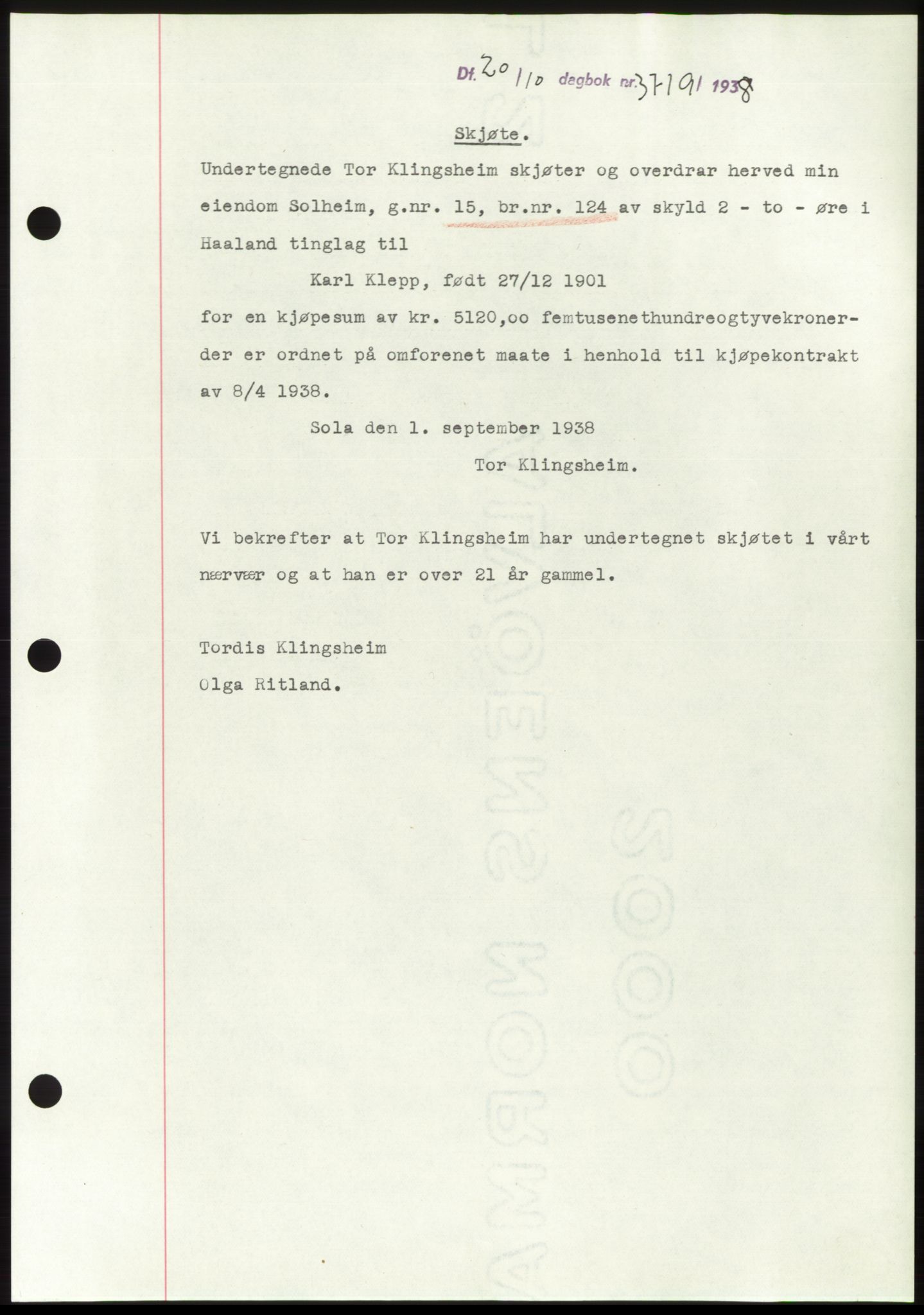 Jæren sorenskriveri, SAST/A-100310/03/G/Gba/L0072: Pantebok, 1938-1938, Dagboknr: 3719/1938