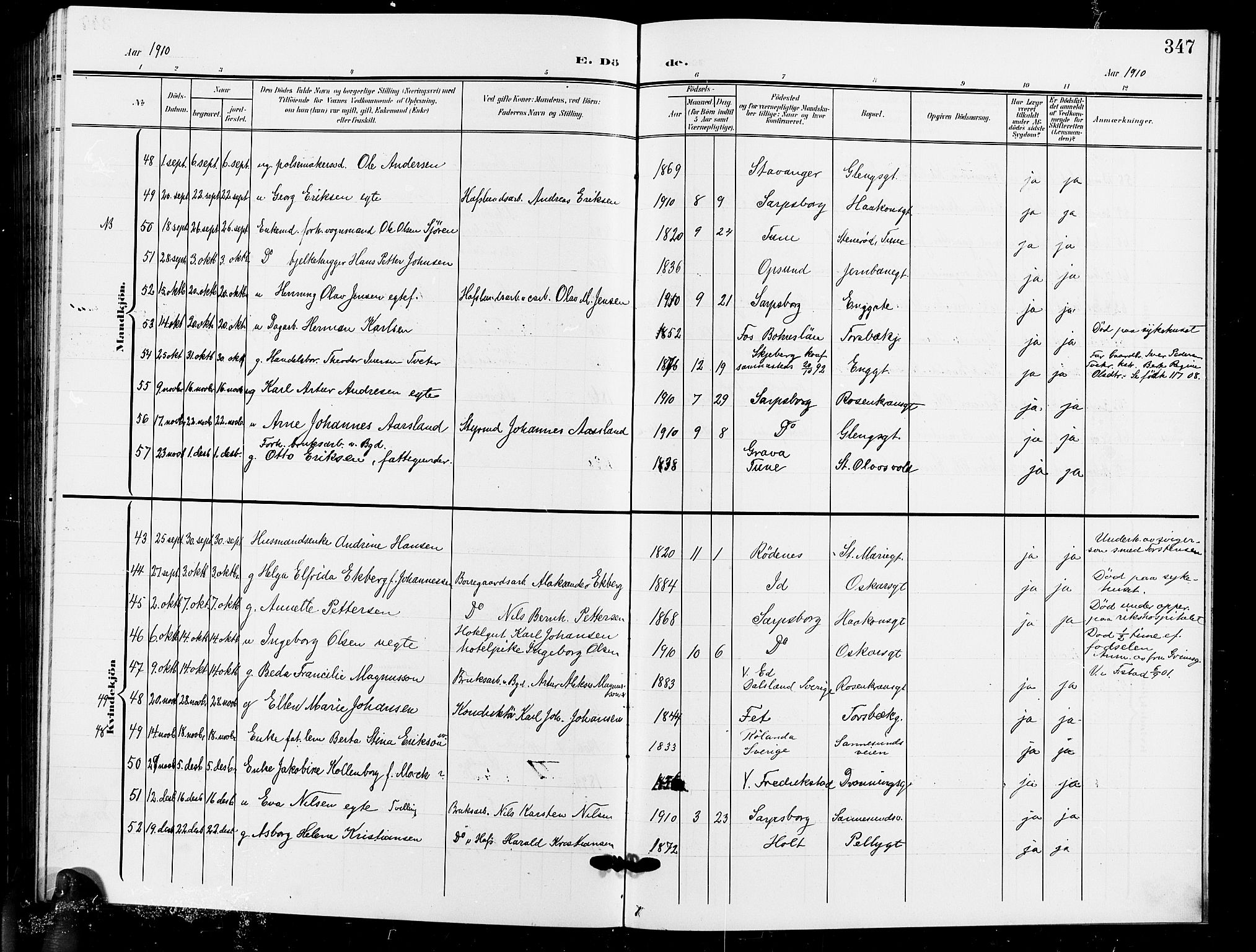 Sarpsborg prestekontor Kirkebøker, AV/SAO-A-2006/G/Ga/L0001: Klokkerbok nr. 1, 1902-1911, s. 347