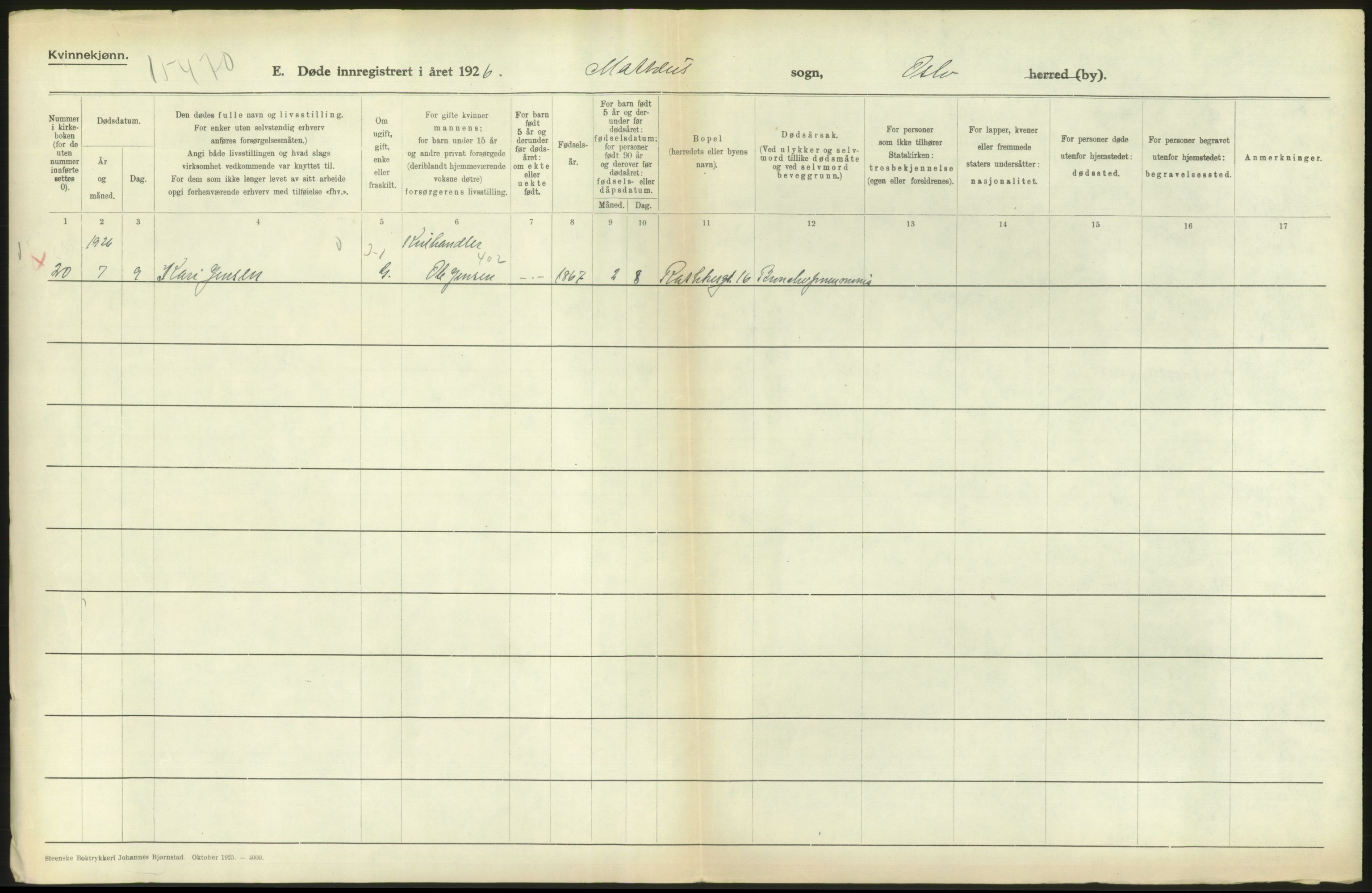 Statistisk sentralbyrå, Sosiodemografiske emner, Befolkning, AV/RA-S-2228/D/Df/Dfc/Dfcf/L0010: Oslo: Døde kvinner, dødfødte, 1926, s. 552