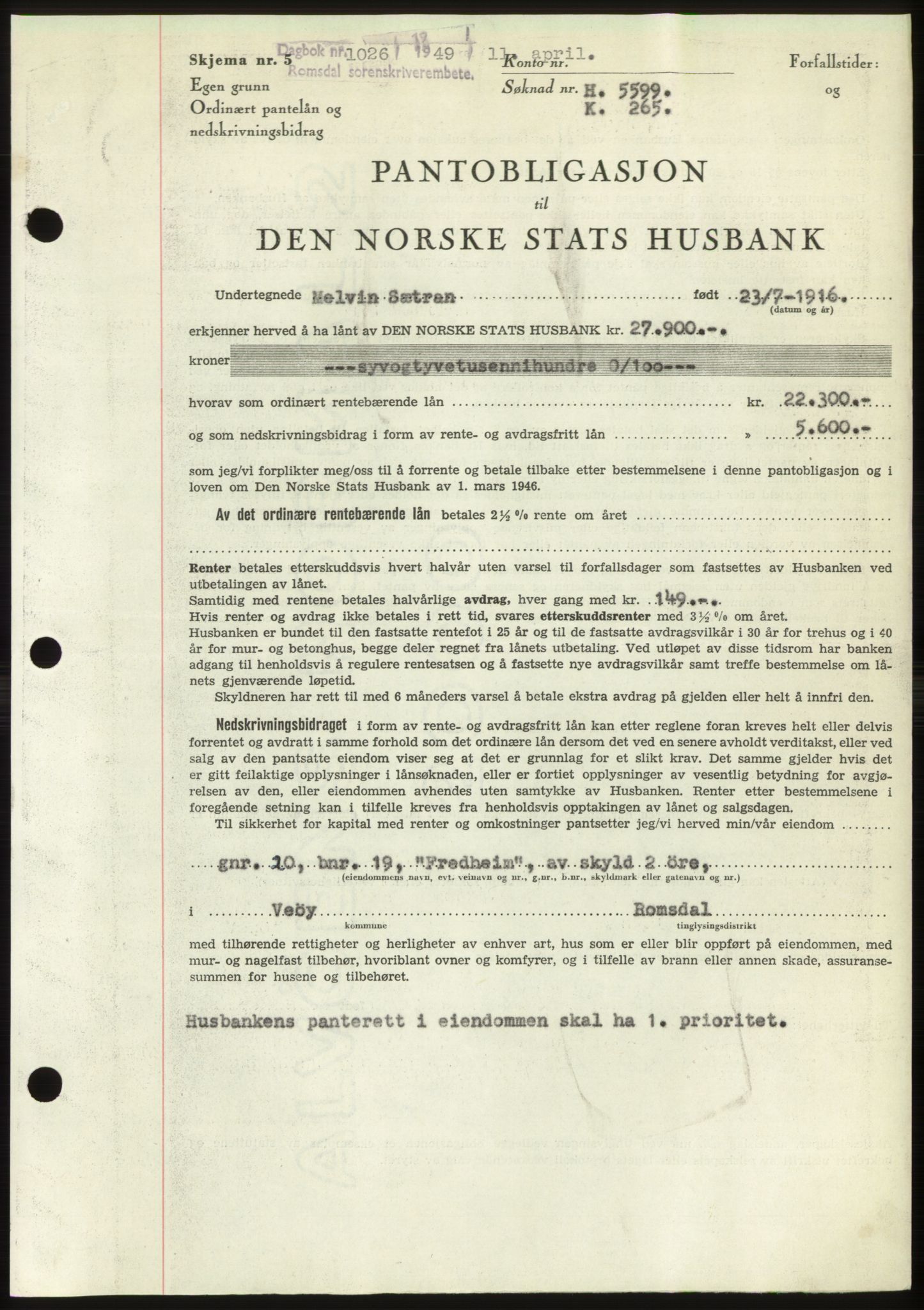 Romsdal sorenskriveri, SAT/A-4149/1/2/2C: Pantebok nr. B4, 1948-1949, Dagboknr: 1026/1949