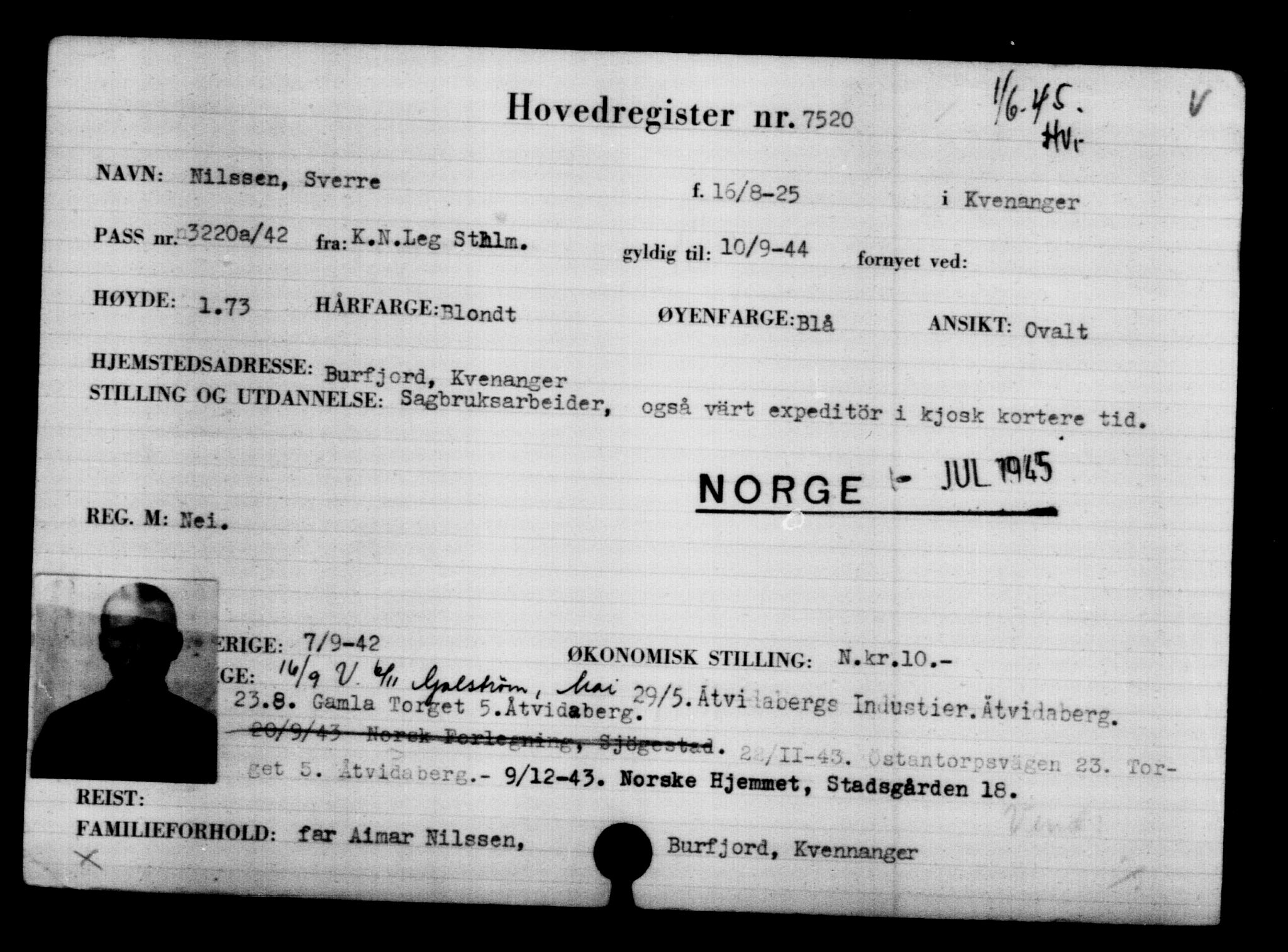 Utenriksstasjonene, Legasjonen i Stockholm, Flyktningkontoret, AV/RA-S-6753/V/Va/L0005: Kjesäterkartoteket, flyktninger med registreringsnr. 6600-9417, 1940-1945, s. 1069