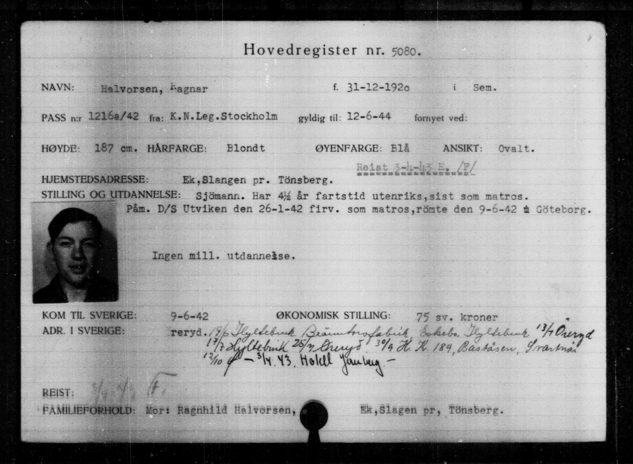 Utenriksstasjonene, Legasjonen i Stockholm, Flyktningkontoret, AV/RA-S-6753/V/Va/L0004: Kjesäterkartoteket, flyktninger med registreringsnr. 3496-6610, 1940-1945, s. 1872