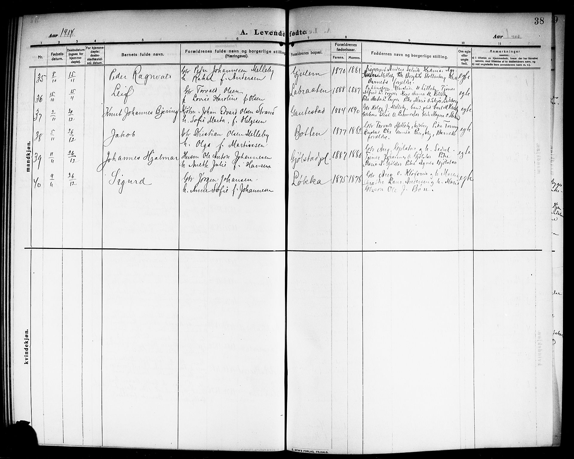 Rakkestad prestekontor Kirkebøker, AV/SAO-A-2008/G/Ga/L0001: Klokkerbok nr. I 1, 1909-1920, s. 38