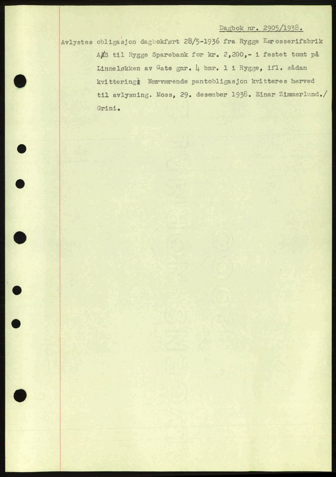 Moss sorenskriveri, SAO/A-10168: Pantebok nr. B6, 1938-1938, Dagboknr: 2905/1938