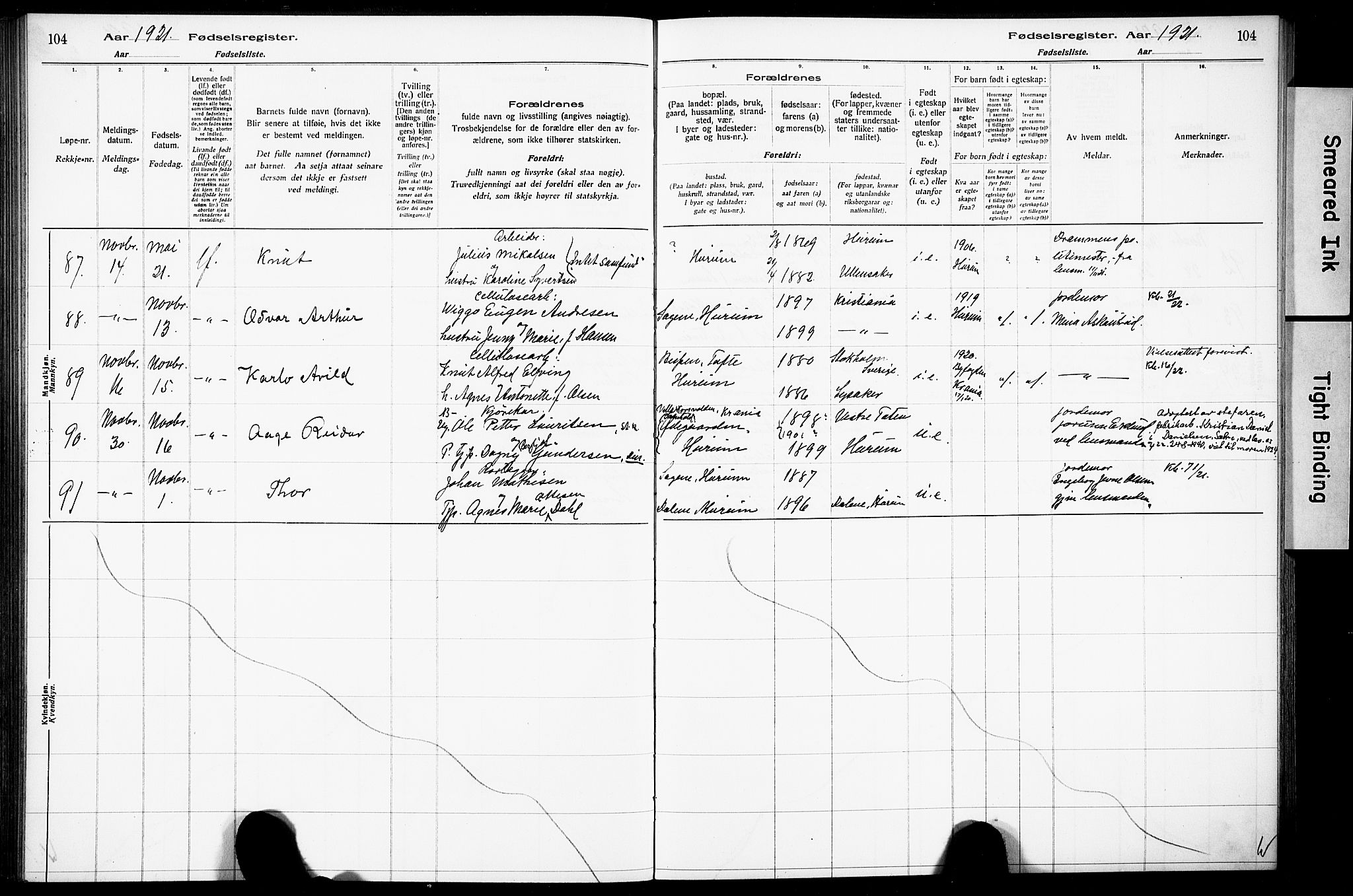 Hurum kirkebøker, AV/SAKO-A-229/J/Ja/L0001: Fødselsregister nr. 1, 1916-1928, s. 104