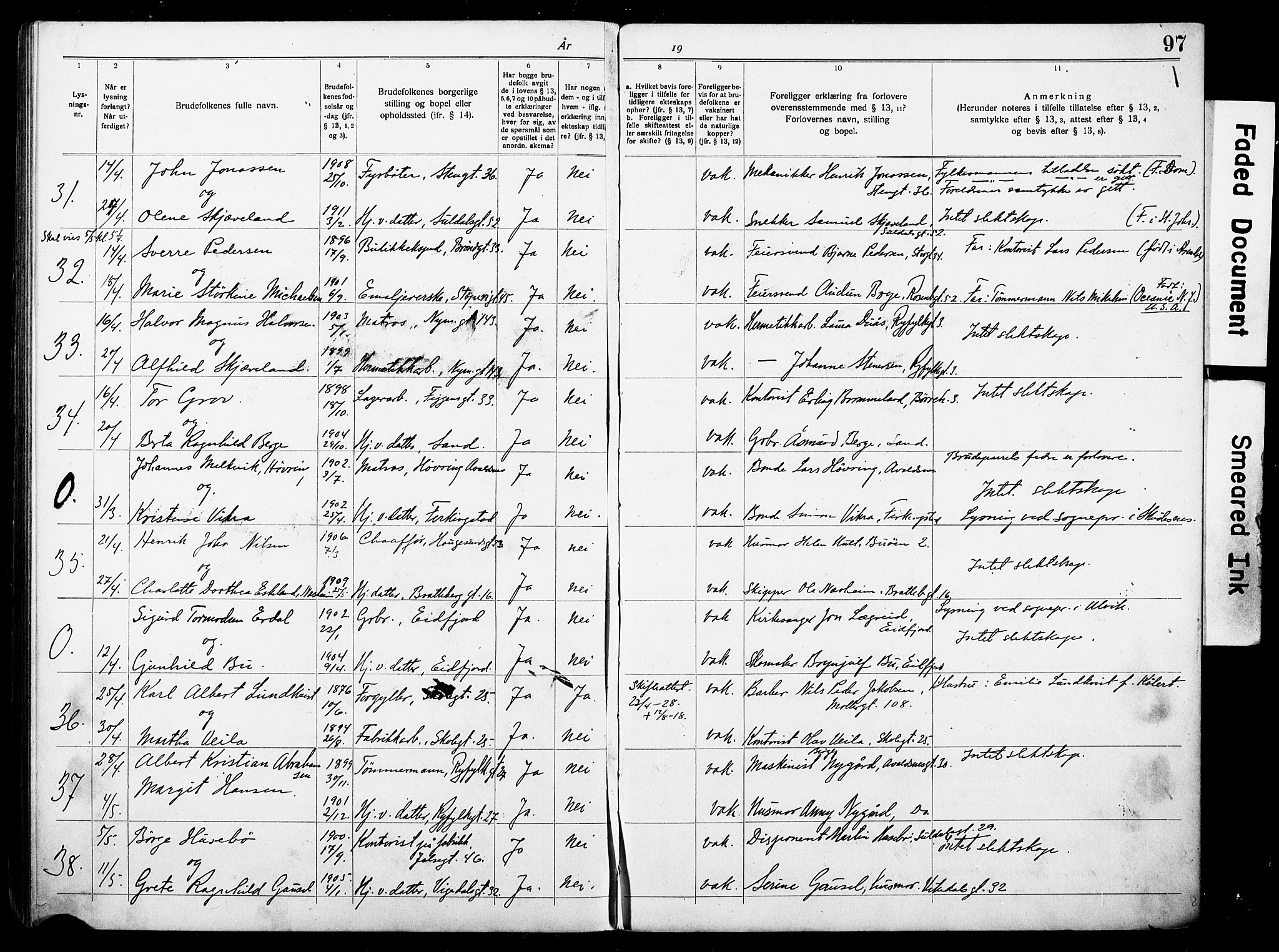 St. Johannes sokneprestkontor, AV/SAST-A-101814/001/70/705BA/L0004: Lysningsprotokoll nr. 4, 1919-1928, s. 97