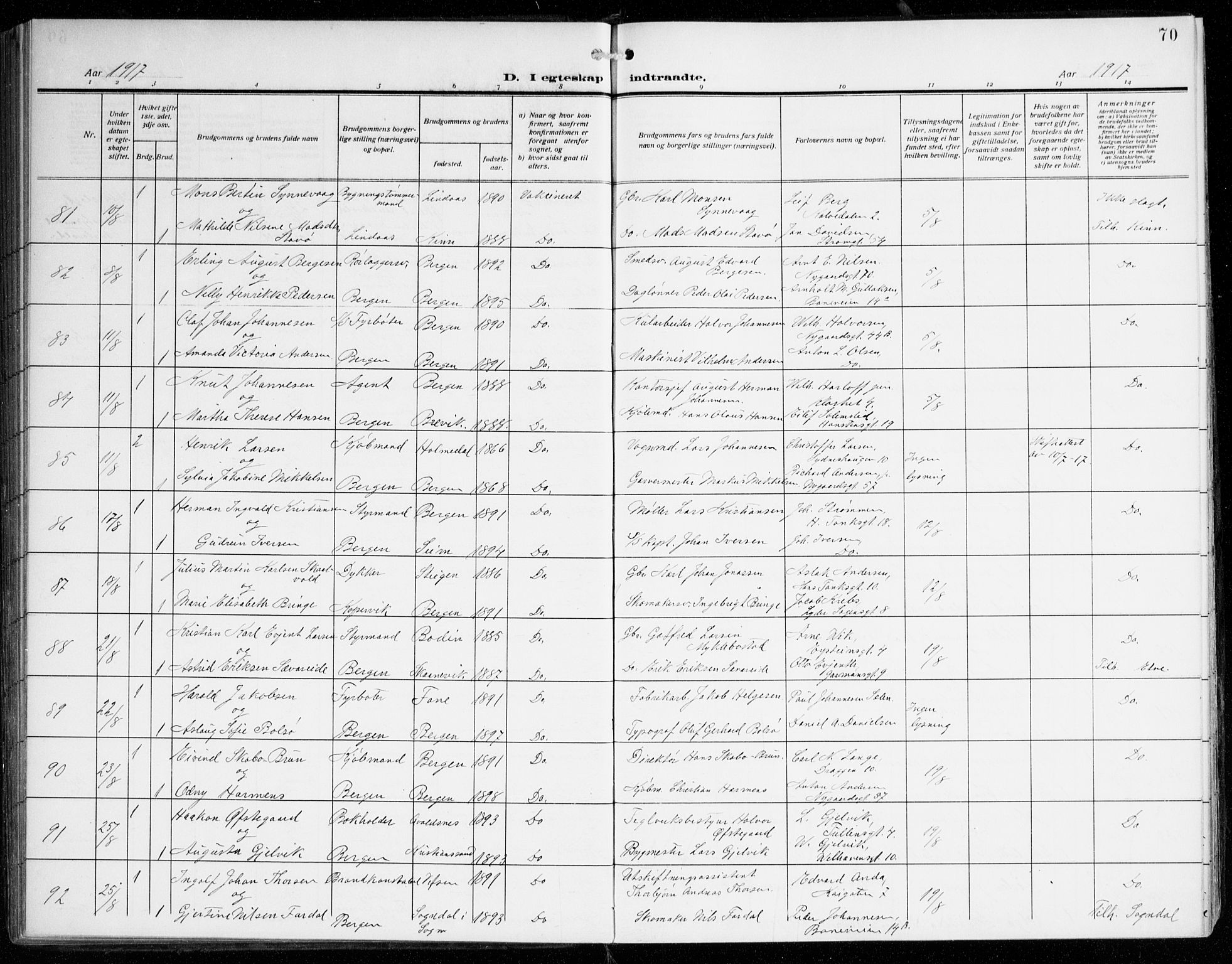Johanneskirken sokneprestembete, AV/SAB-A-76001/H/Haa/L0013: Ministerialbok nr. D 2, 1912-1929, s. 70