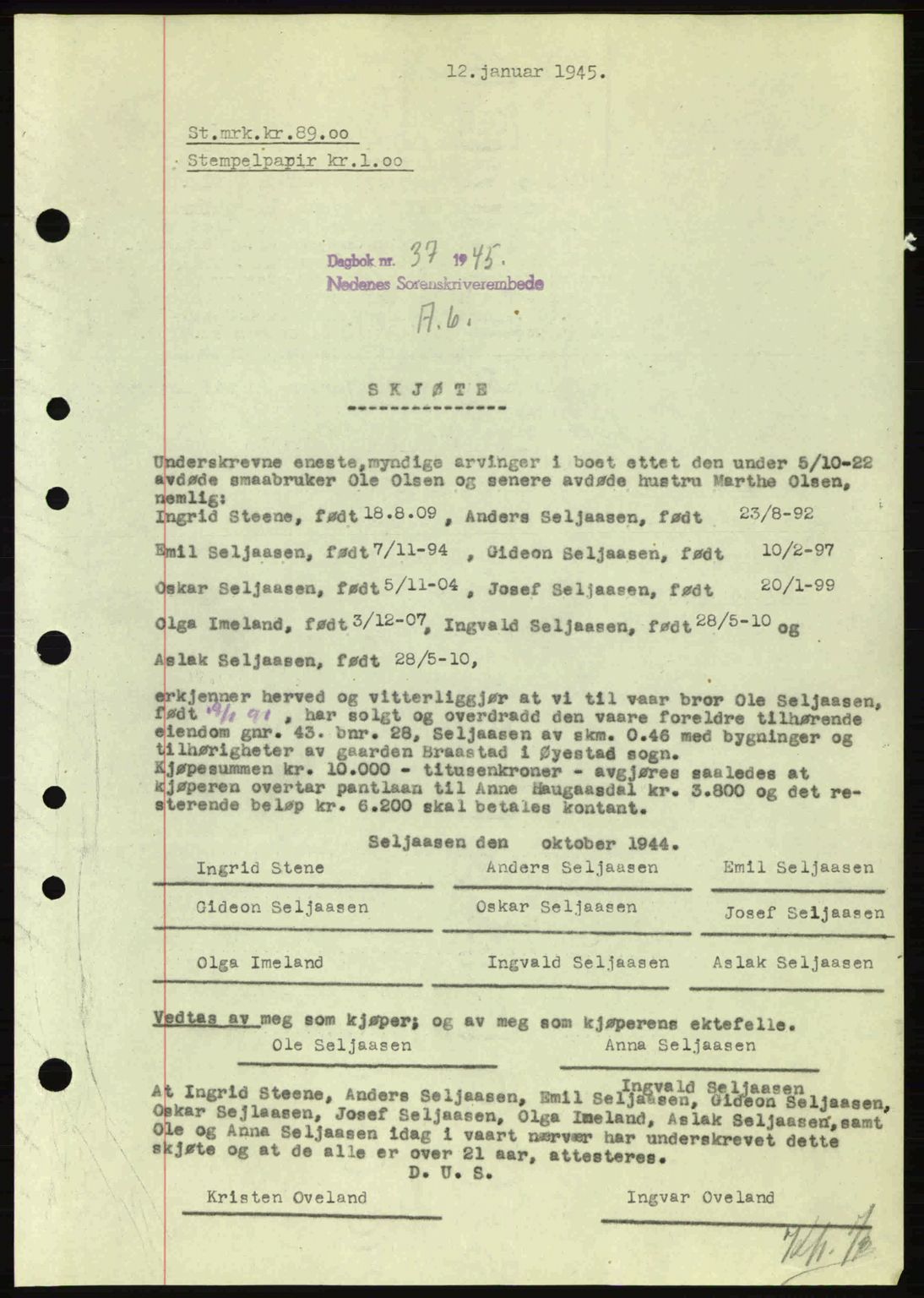 Nedenes sorenskriveri, SAK/1221-0006/G/Gb/Gba/L0052: Pantebok nr. A6a, 1944-1945, Dagboknr: 37/1945