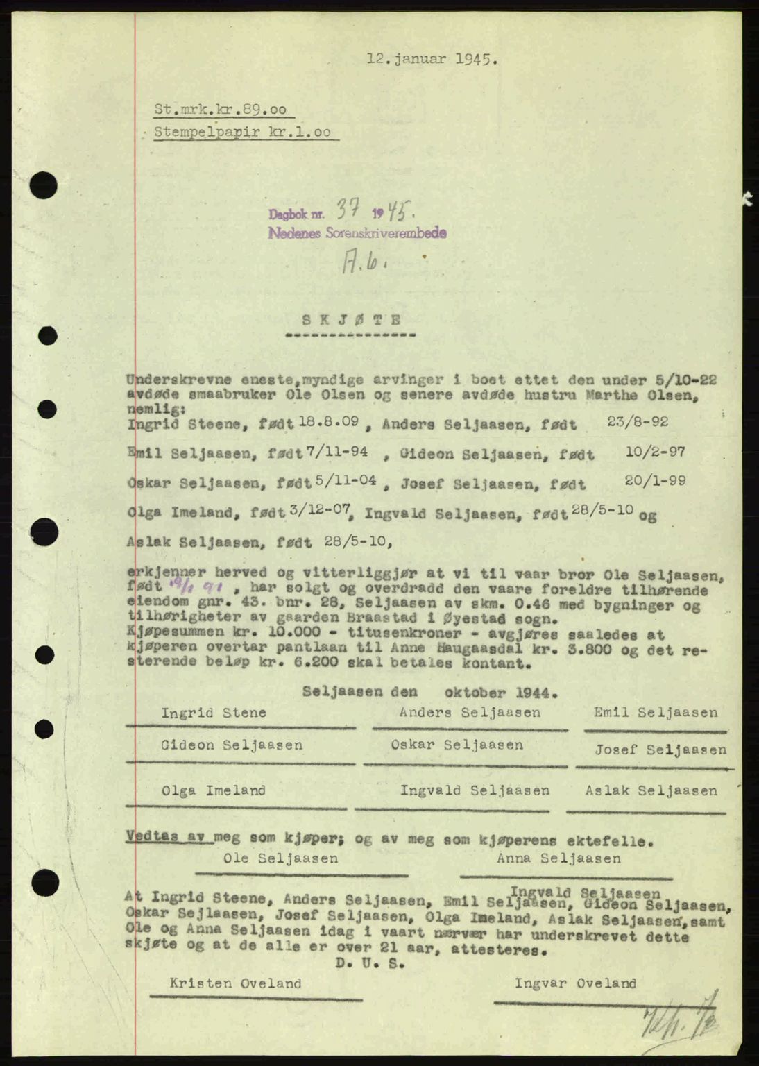 Nedenes sorenskriveri, AV/SAK-1221-0006/G/Gb/Gba/L0052: Pantebok nr. A6a, 1944-1945, Dagboknr: 37/1945