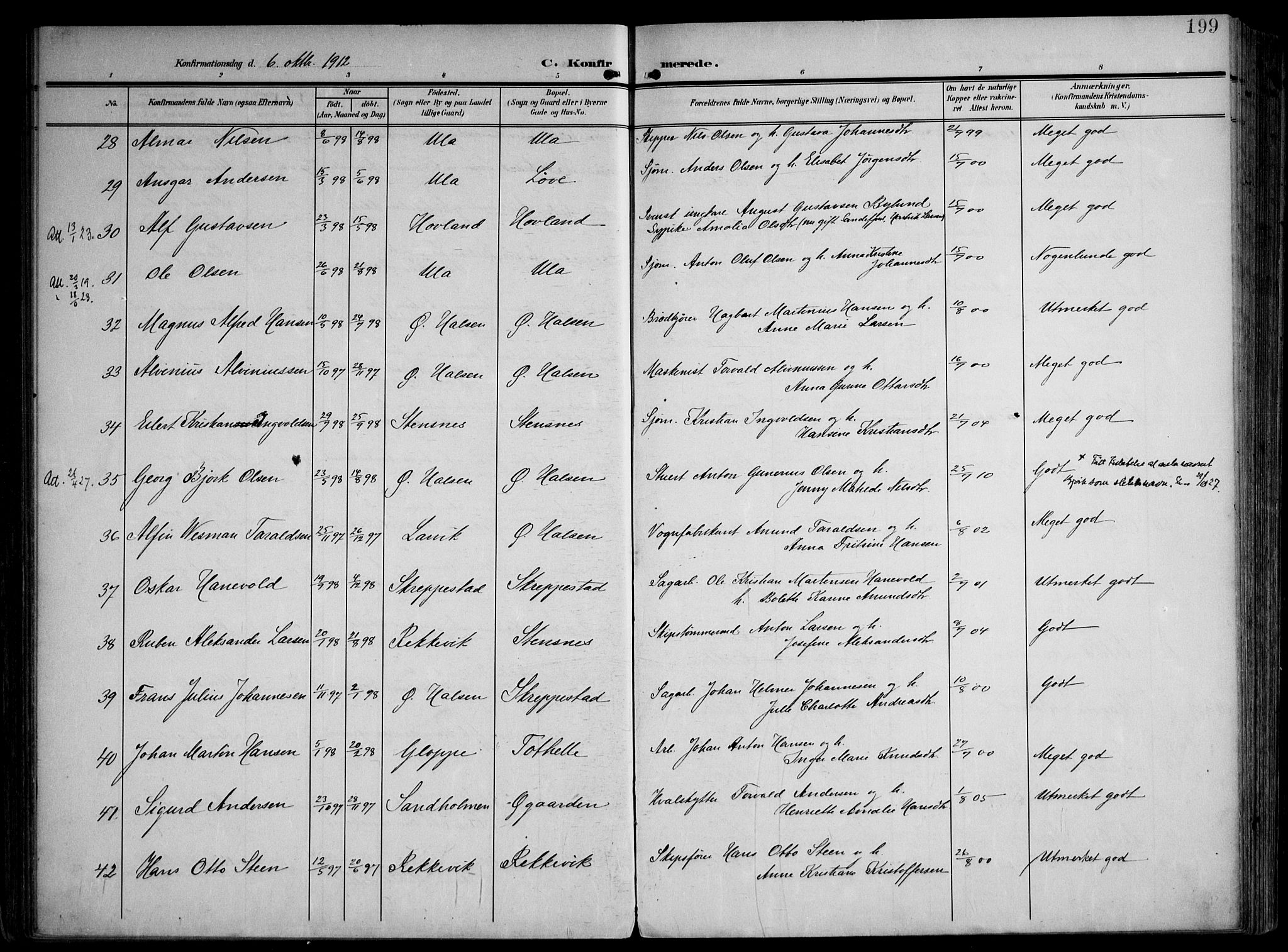 Tjølling kirkebøker, AV/SAKO-A-60/F/Fa/L0010: Ministerialbok nr. 10, 1906-1923, s. 199