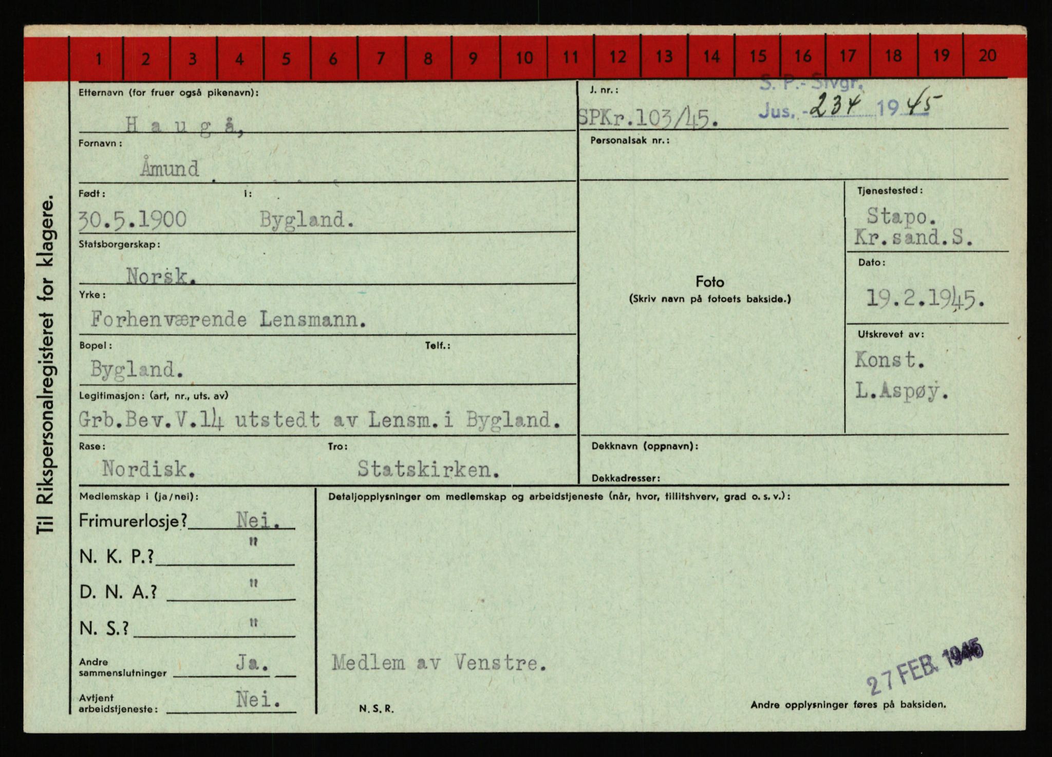 Statspolitiet - Hovedkontoret / Osloavdelingen, AV/RA-S-1329/C/Ca/L0006: Hanche - Hokstvedt, 1943-1945, s. 2199
