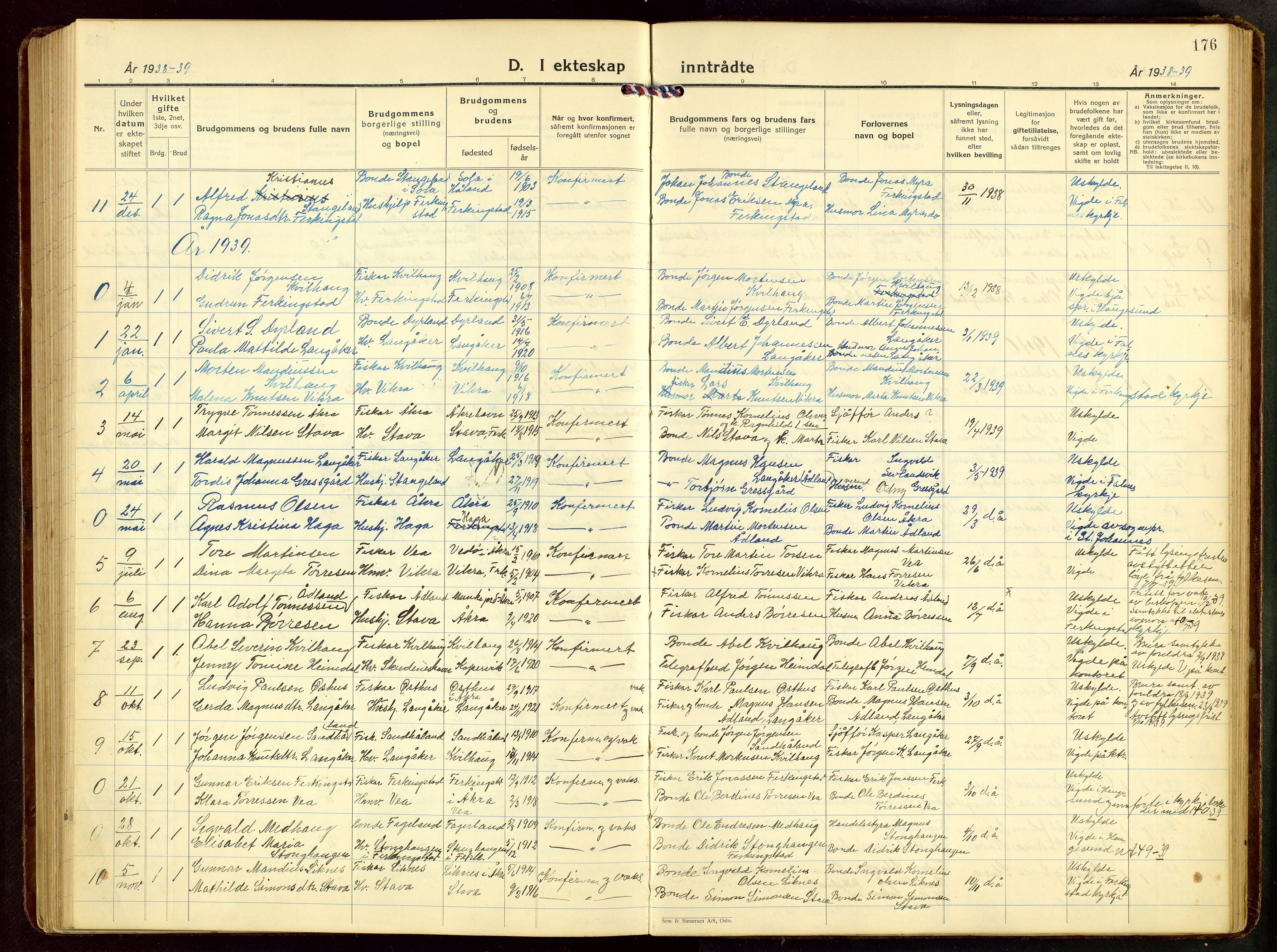 Skudenes sokneprestkontor, AV/SAST-A -101849/H/Ha/Hab/L0012: Klokkerbok nr. B 12, 1936-1968, s. 176