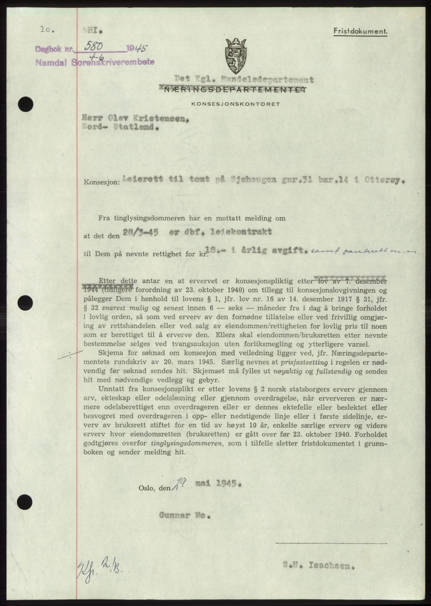 Namdal sorenskriveri, SAT/A-4133/1/2/2C: Pantebok nr. -, 1944-1945, Dagboknr: 580/1945