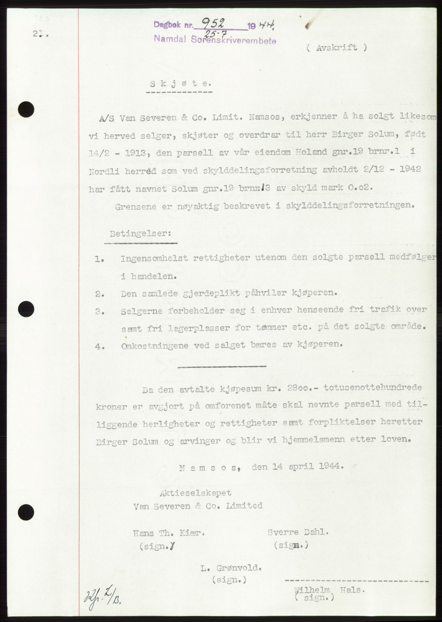 Namdal sorenskriveri, SAT/A-4133/1/2/2C: Pantebok nr. -, 1944-1945, Dagboknr: 952/1944