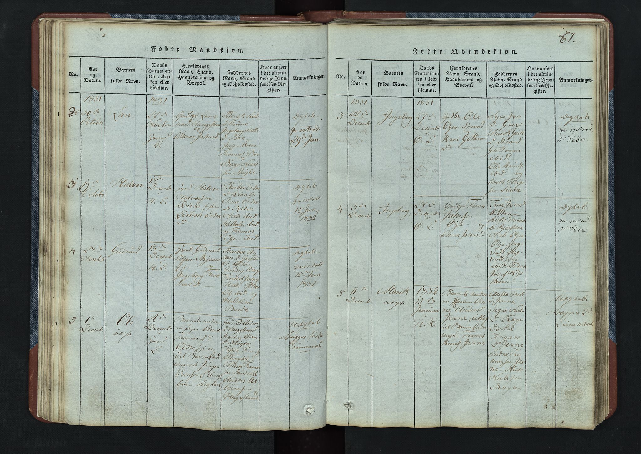 Vang prestekontor, Valdres, AV/SAH-PREST-140/H/Hb/L0003: Klokkerbok nr. 3, 1814-1892, s. 67