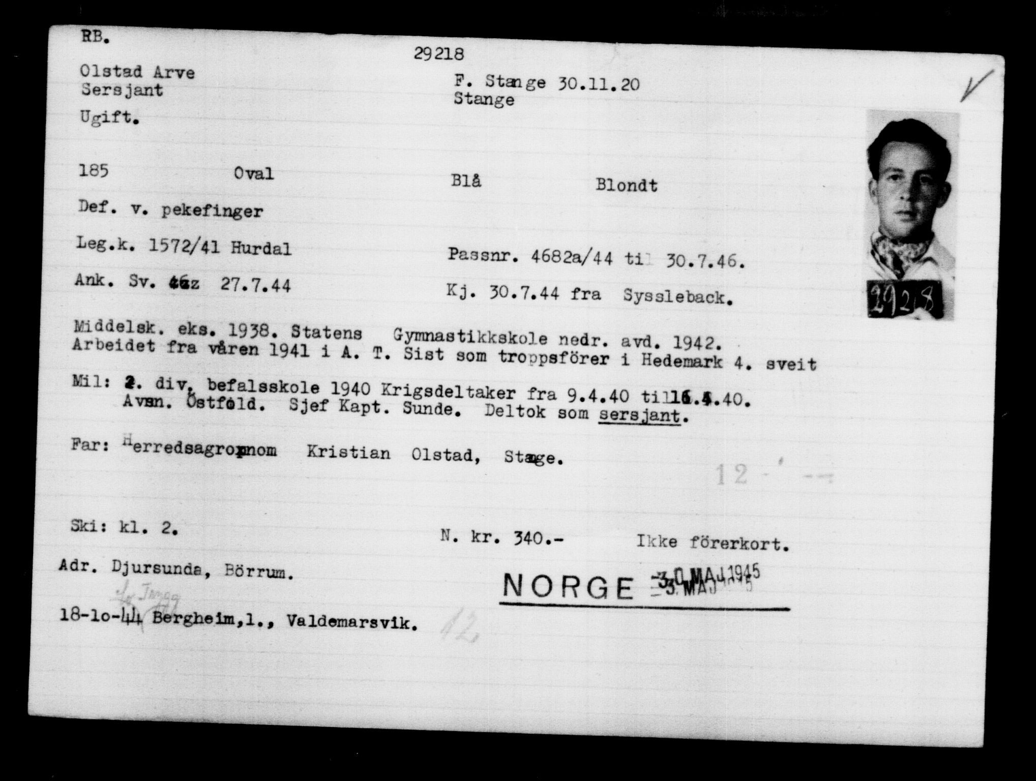 Utenriksstasjonene, Legasjonen i Stockholm, Flyktningkontoret, AV/RA-S-6753/V/Va/L0012: Kjesäterkartoteket, flyktninger med registreringsnr. 28300-31566, 1940-1945, s. 1005