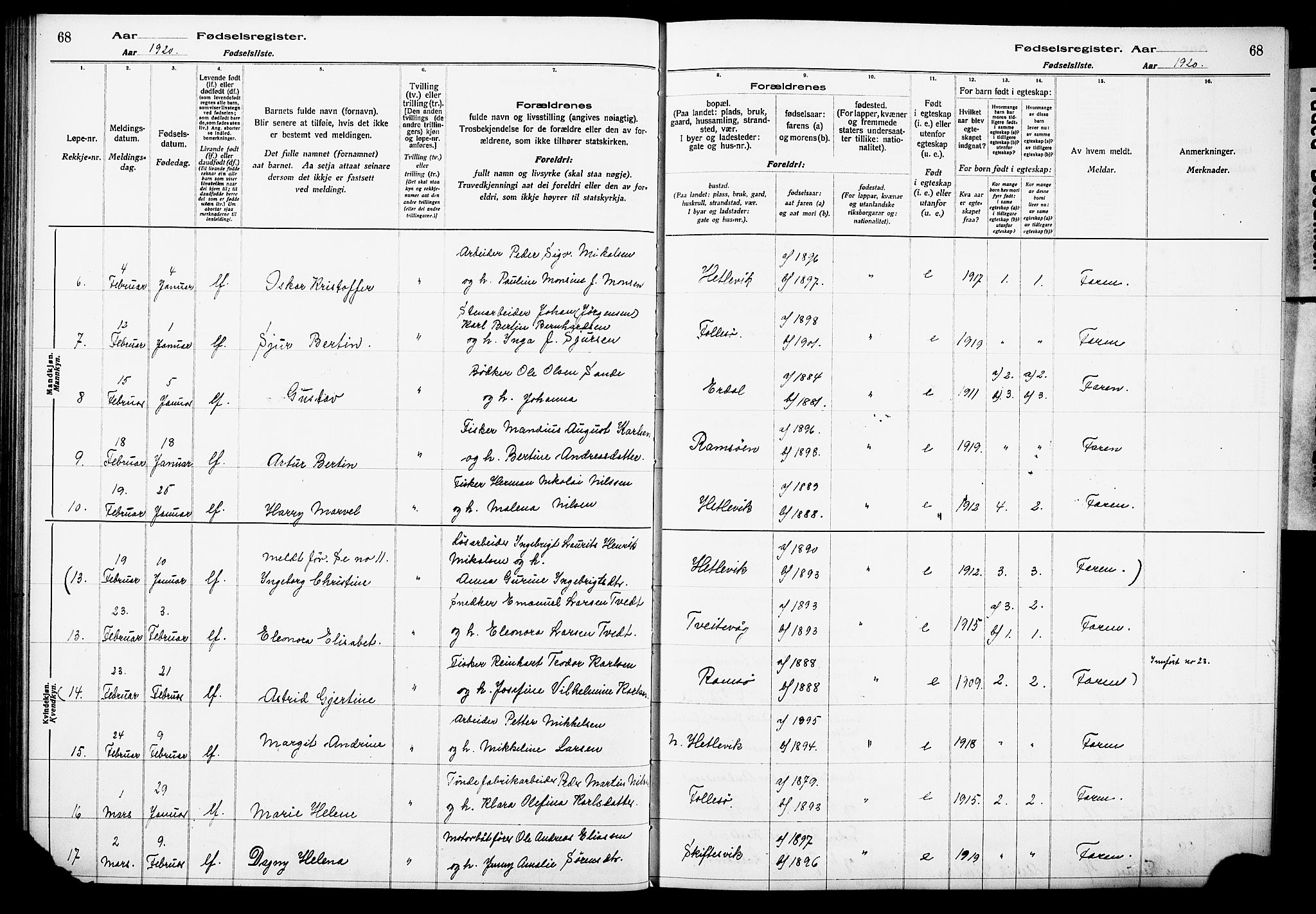 Askøy Sokneprestembete, SAB/A-74101/I/Id/L00A1: Fødselsregister nr. A 1, 1916-1928, s. 68