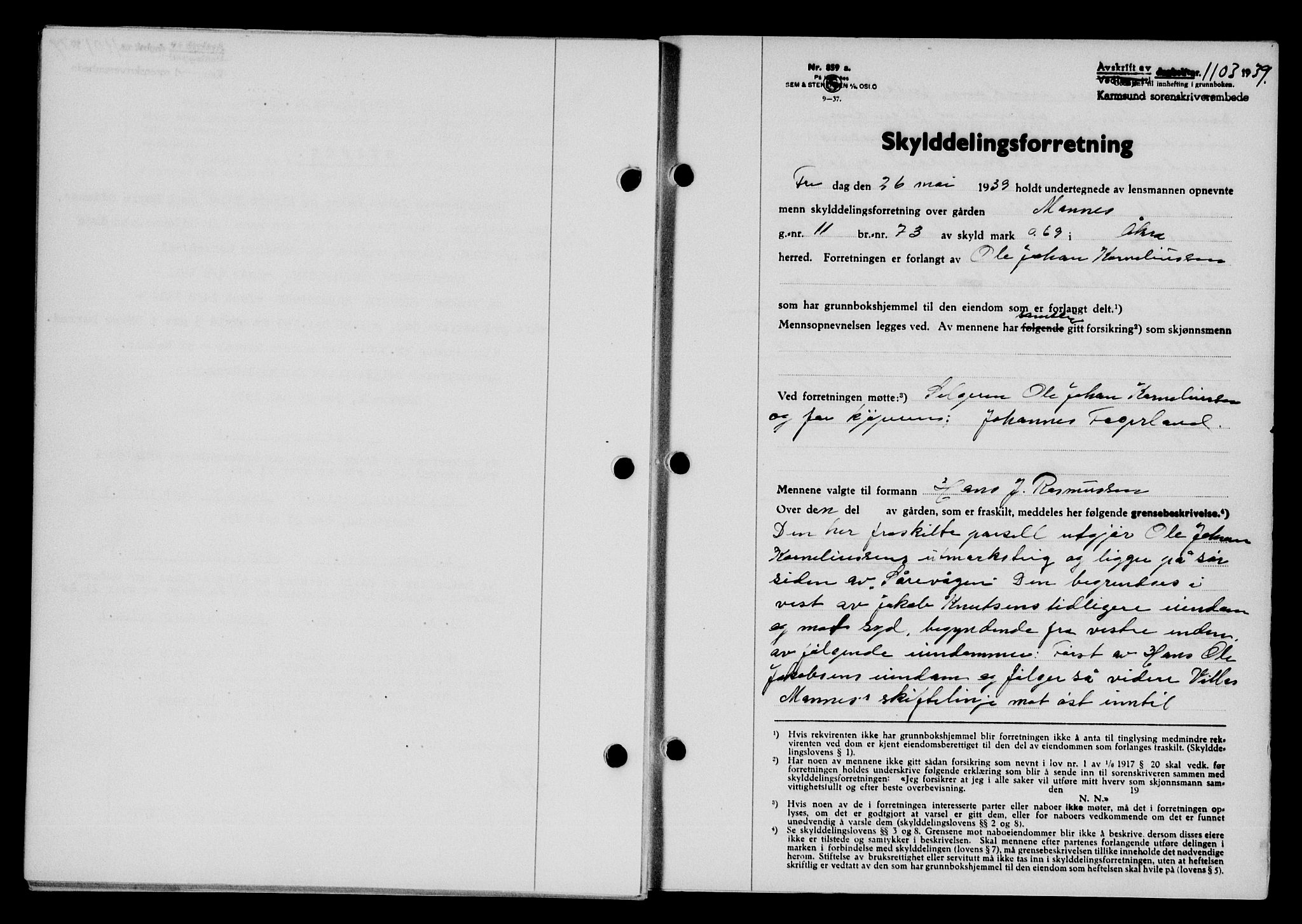 Karmsund sorenskriveri, SAST/A-100311/01/II/IIB/L0071: Pantebok nr. 52A, 1939-1939, Dagboknr: 1103/1939