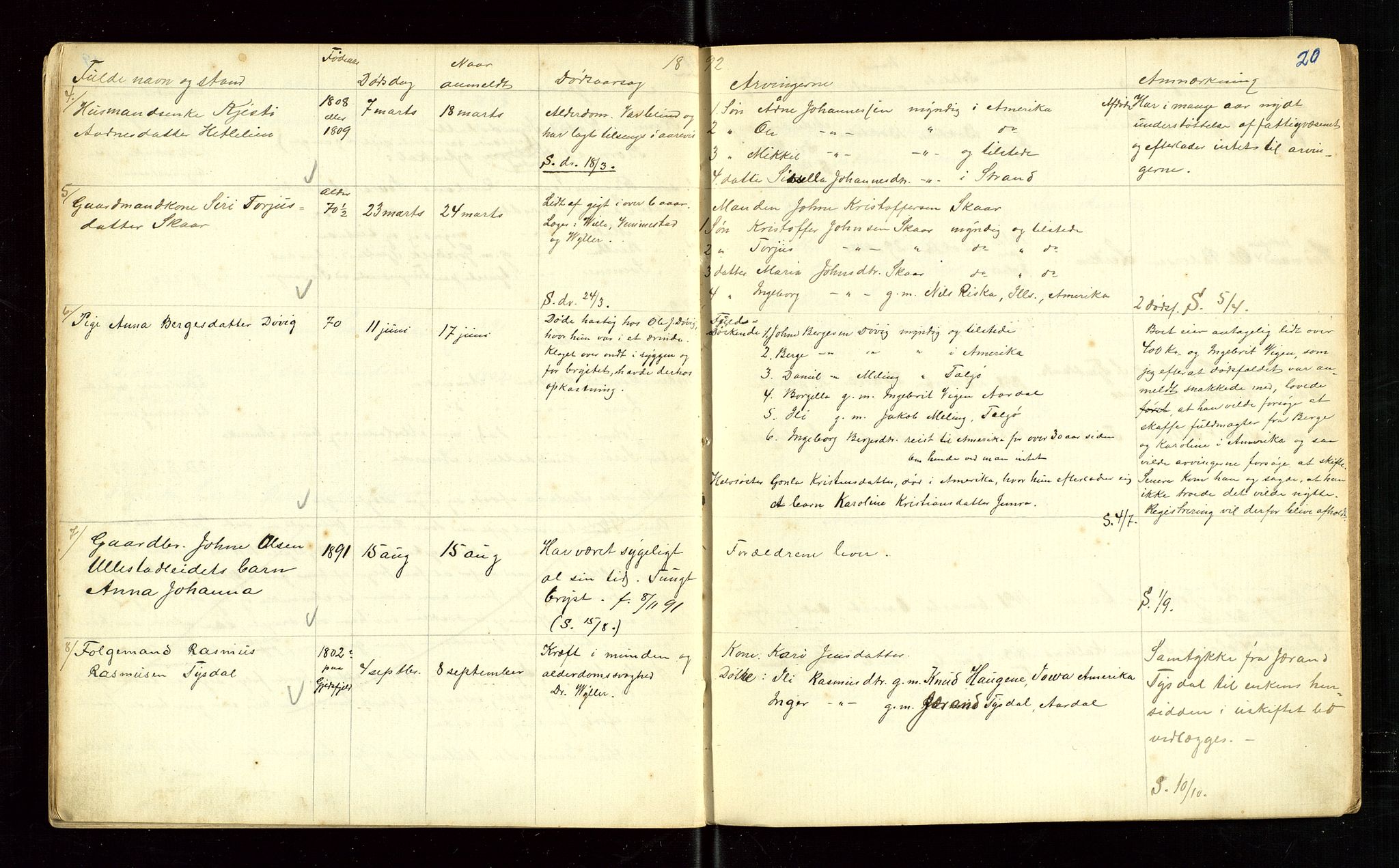 Årdal lensmannskontor, AV/SAST-A-100453/Gga/L0002: "Protokol over dødsanmeldelser gjorte til lensmanden i Aardal", 1885-1895, s. 20