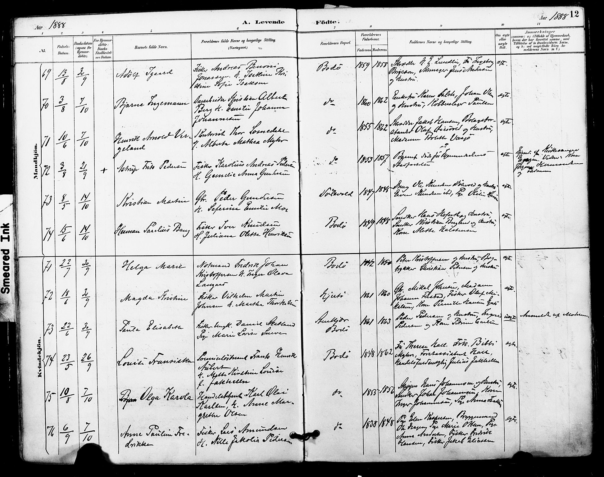 Ministerialprotokoller, klokkerbøker og fødselsregistre - Nordland, AV/SAT-A-1459/801/L0010: Ministerialbok nr. 801A10, 1888-1899, s. 12