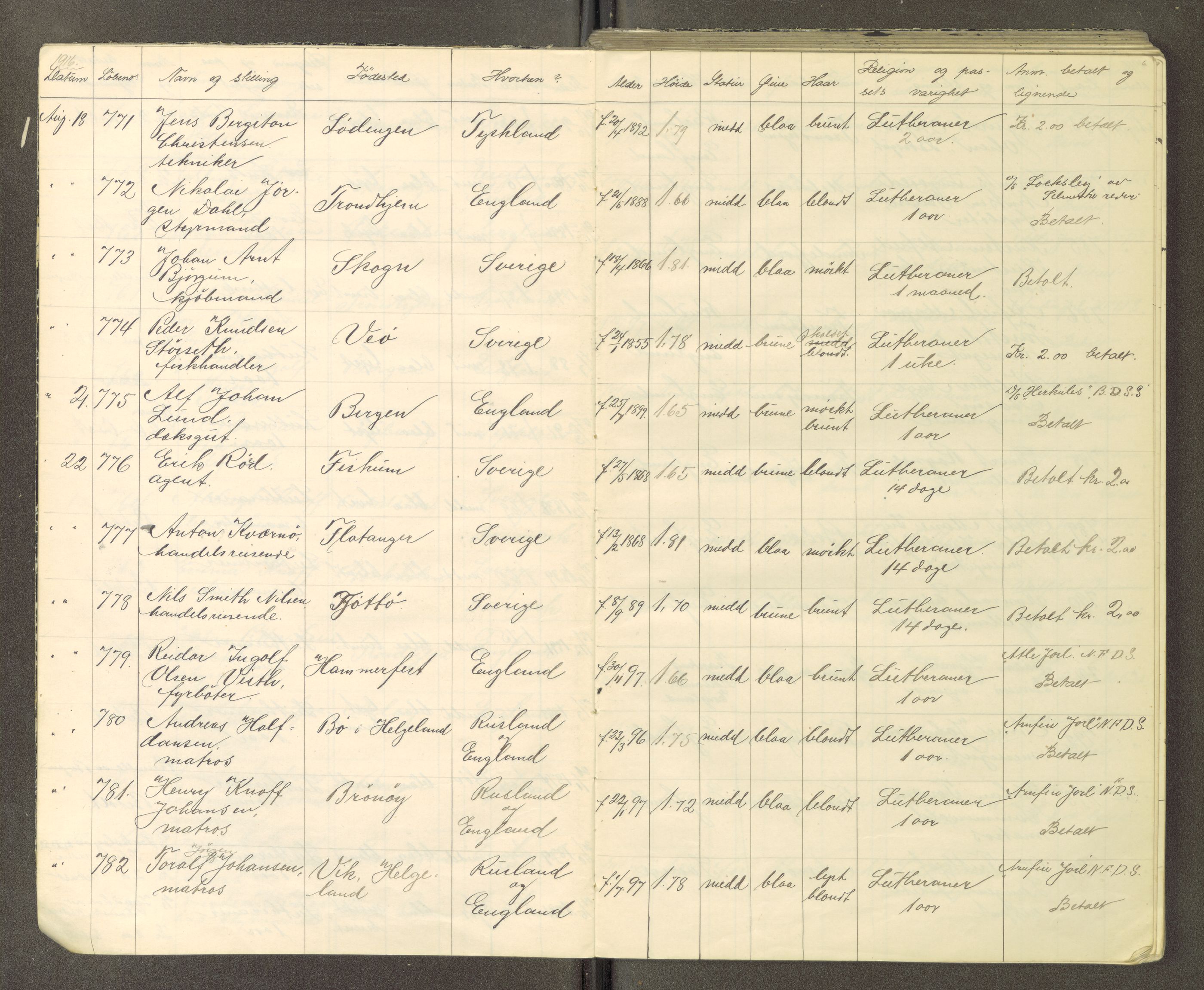 Trondheim politikammer, AV/SAT-A-1887/1/30/L0015: Passprotokoll. Utstedte pass, 1916-1918, s. 6