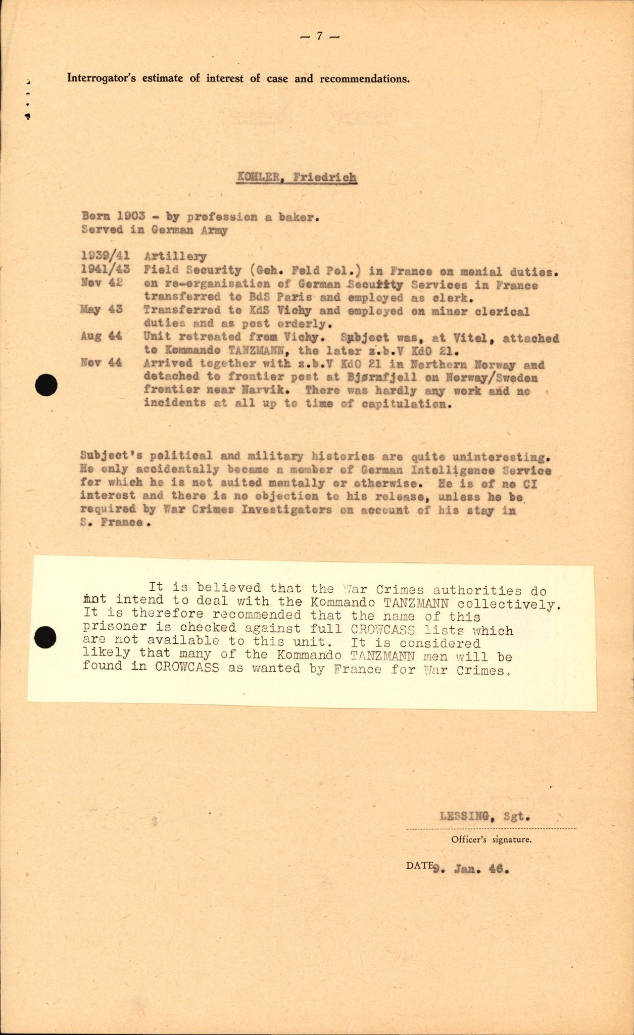 Forsvaret, Forsvarets overkommando II, AV/RA-RAFA-3915/D/Db/L0017: CI Questionaires. Tyske okkupasjonsstyrker i Norge. Tyskere., 1945-1946, s. 429