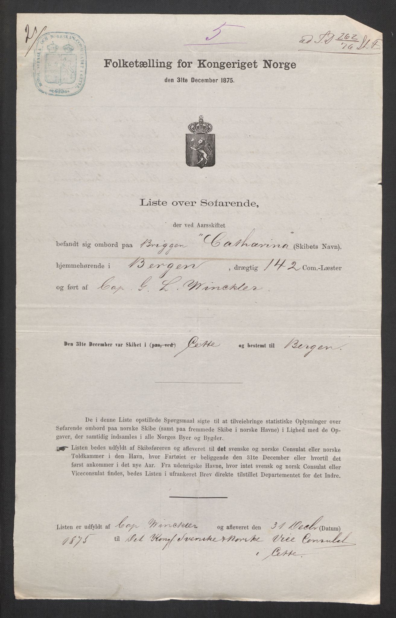 RA, Folketelling 1875, skipslister: Skip i utenrikske havner, hjemmehørende i 1) byer og ladesteder, Grimstad - Tromsø, 2) landdistrikter, 1875, s. 823