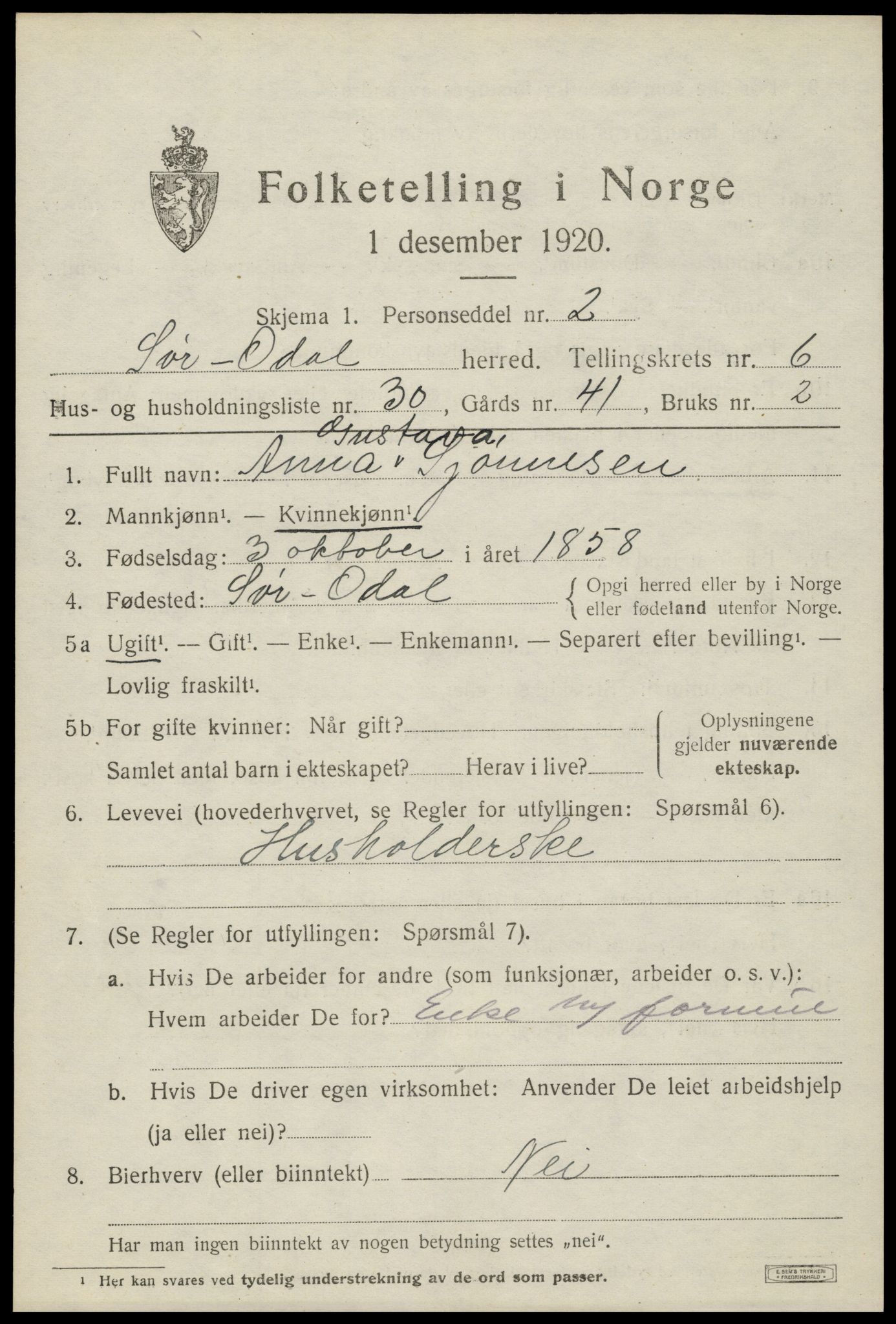 SAH, Folketelling 1920 for 0419 Sør-Odal herred, 1920, s. 7127