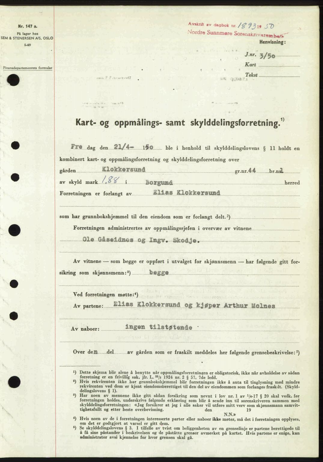 Nordre Sunnmøre sorenskriveri, SAT/A-0006/1/2/2C/2Ca: Pantebok nr. A35, 1950-1950, Dagboknr: 1893/1950