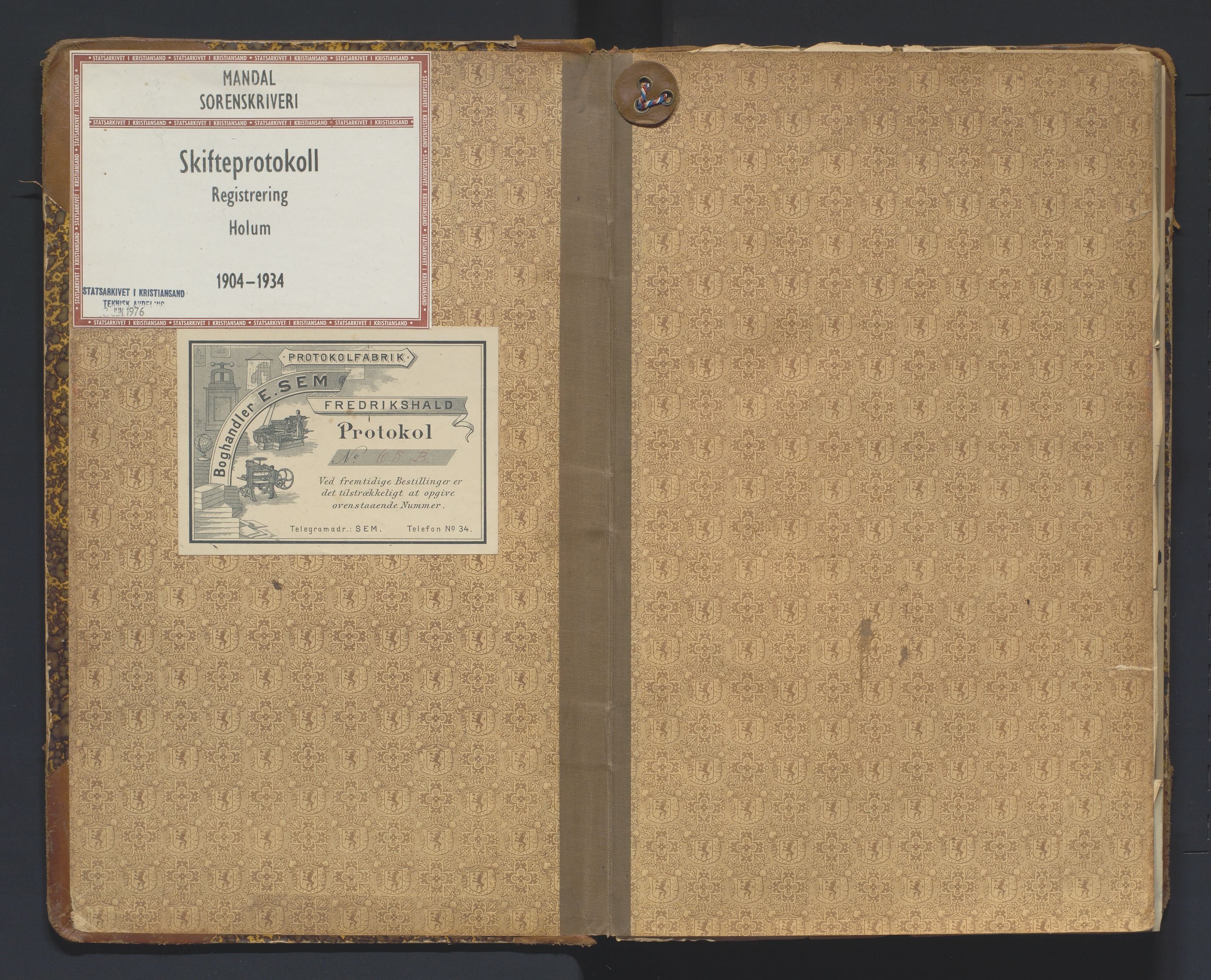 Mandal sorenskriveri, SAK/1221-0005/001/H/Hc/L0051: Skifteregistreringsprotokoll nr 7 Holum, 1904-1934