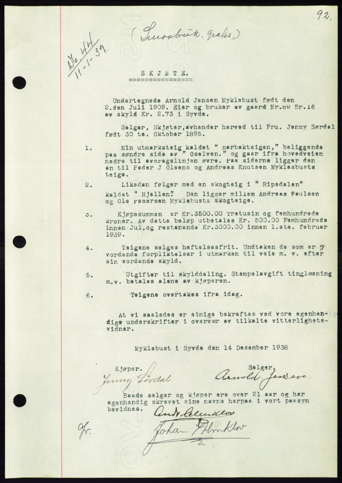 Søre Sunnmøre sorenskriveri, AV/SAT-A-4122/1/2/2C/L0067: Pantebok nr. 61, 1938-1939, Dagboknr: 44/1939