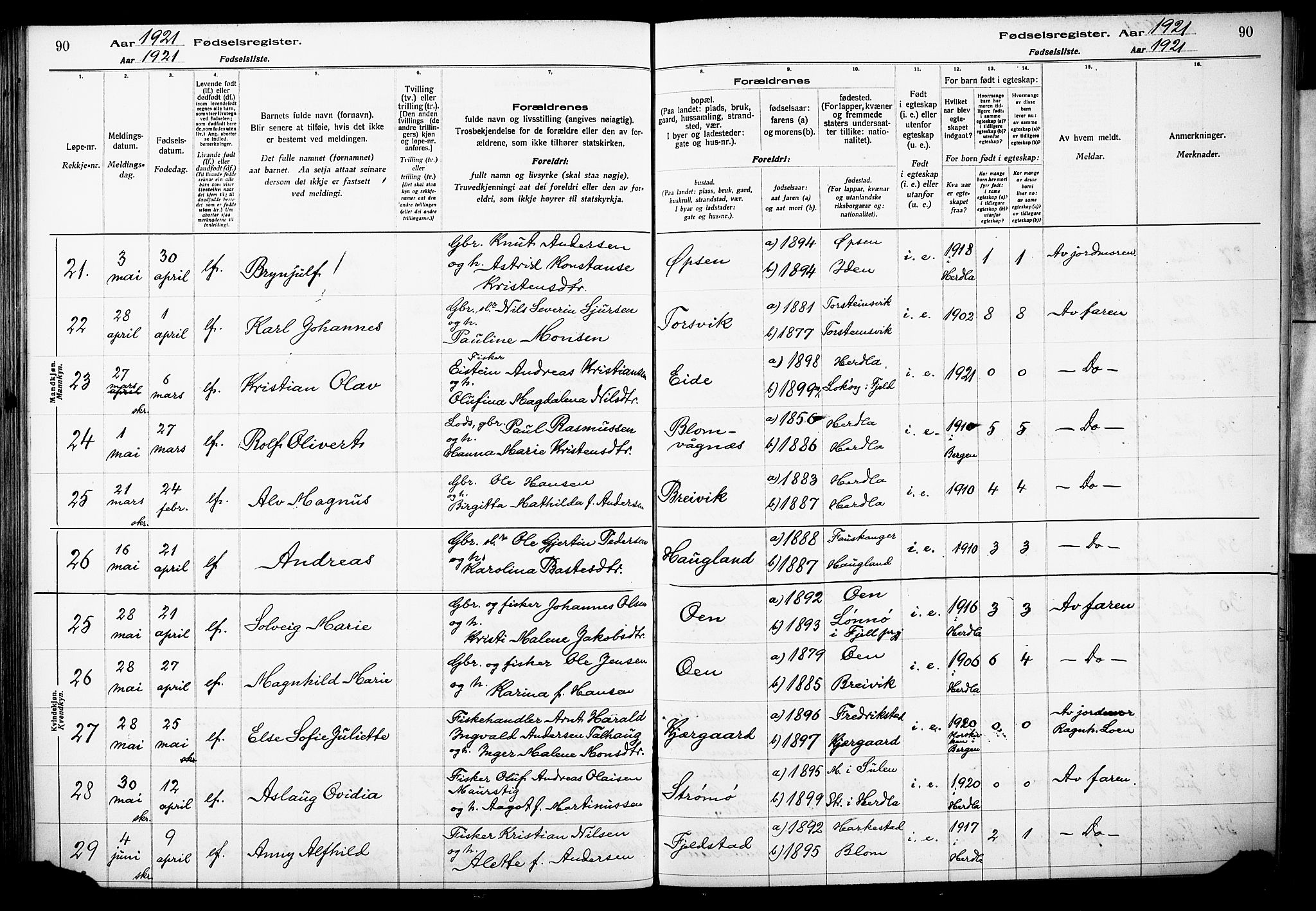 Herdla Sokneprestembete, AV/SAB-A-75701/I/Id/L00A1: Fødselsregister nr. A 1, 1916-1929, s. 90