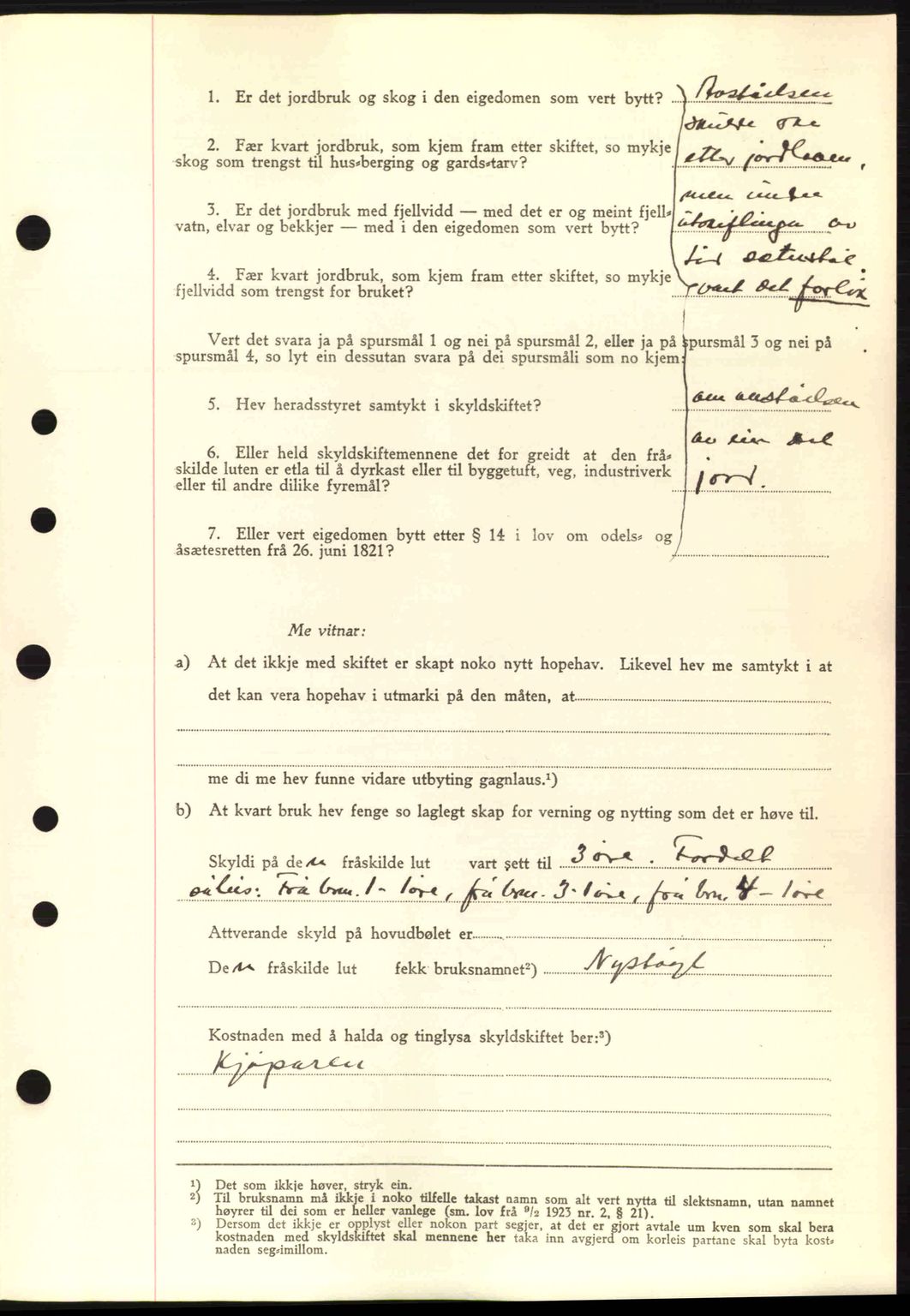 Nordre Sunnmøre sorenskriveri, AV/SAT-A-0006/1/2/2C/2Ca: Pantebok nr. A16, 1943-1943, Dagboknr: 957/1943