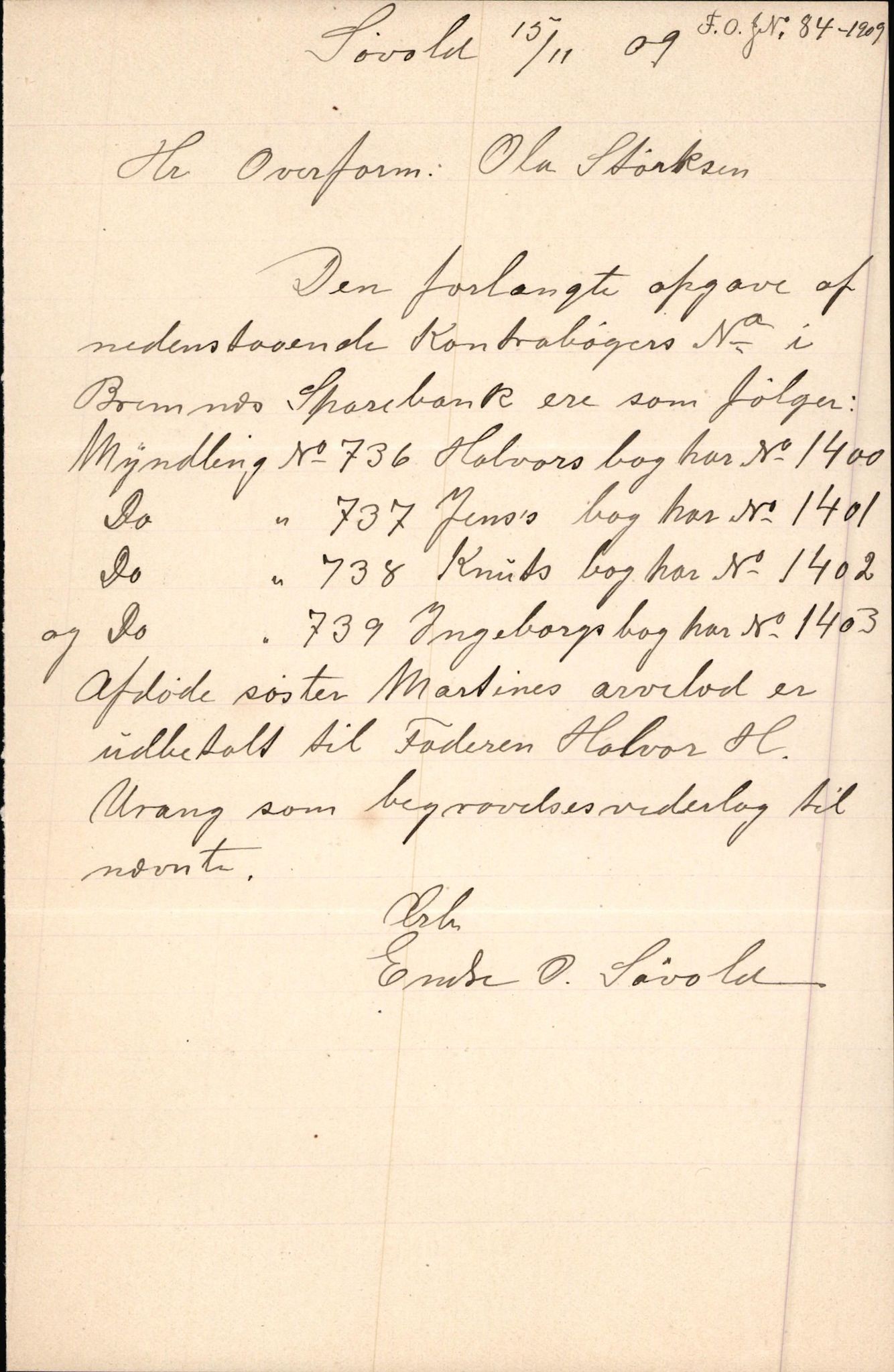 Finnaas kommune. Overformynderiet, IKAH/1218a-812/D/Da/Daa/L0002/0003: Kronologisk ordna korrespondanse / Kronologisk ordna korrespondanse, 1905-1909, s. 182