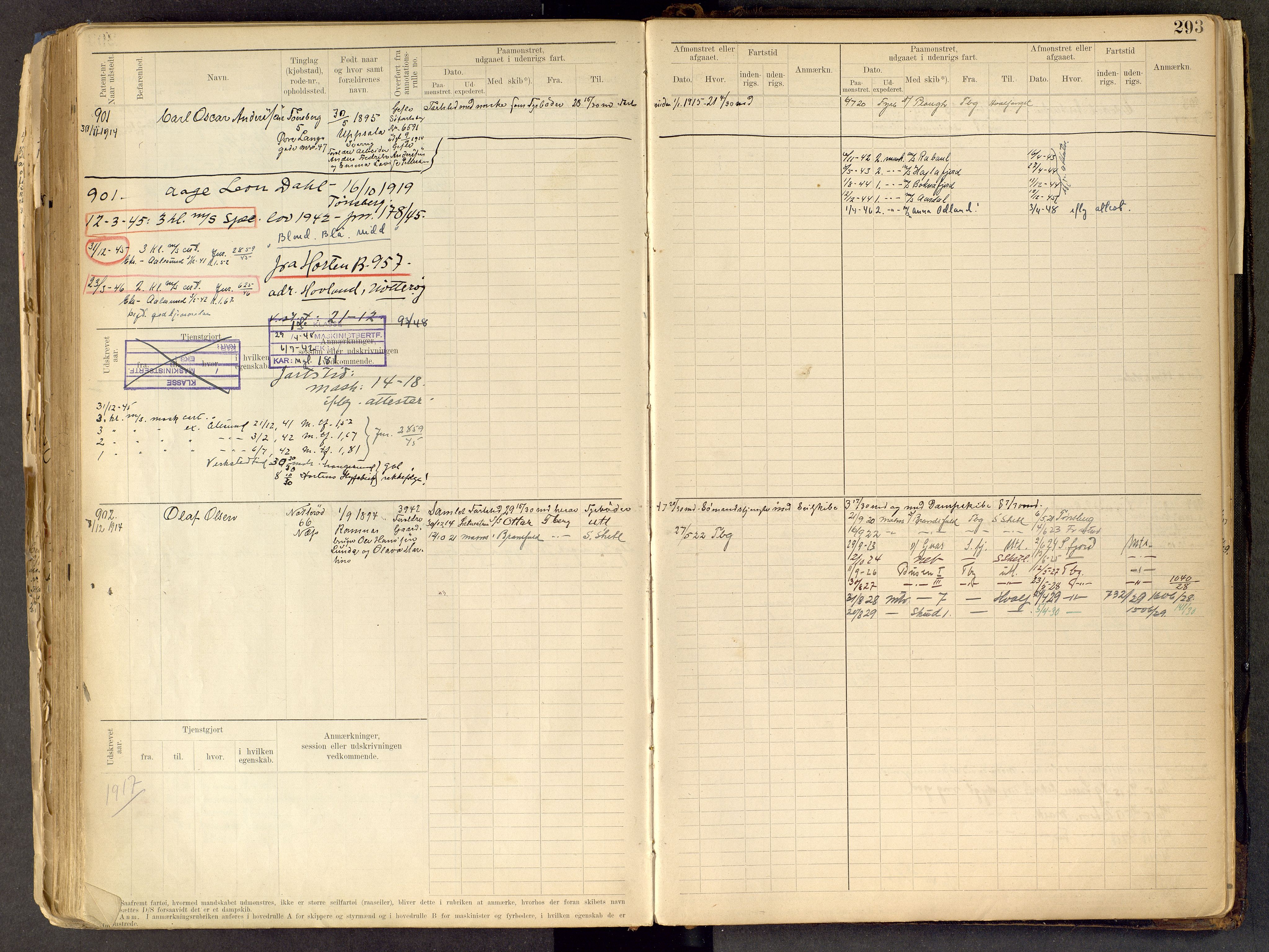 Tønsberg innrulleringskontor, SAKO/A-786/F/Fe/L0002: Maskinist- og fyrbøterrulle Patent nr. 315-1110, 1902-1924, s. 293