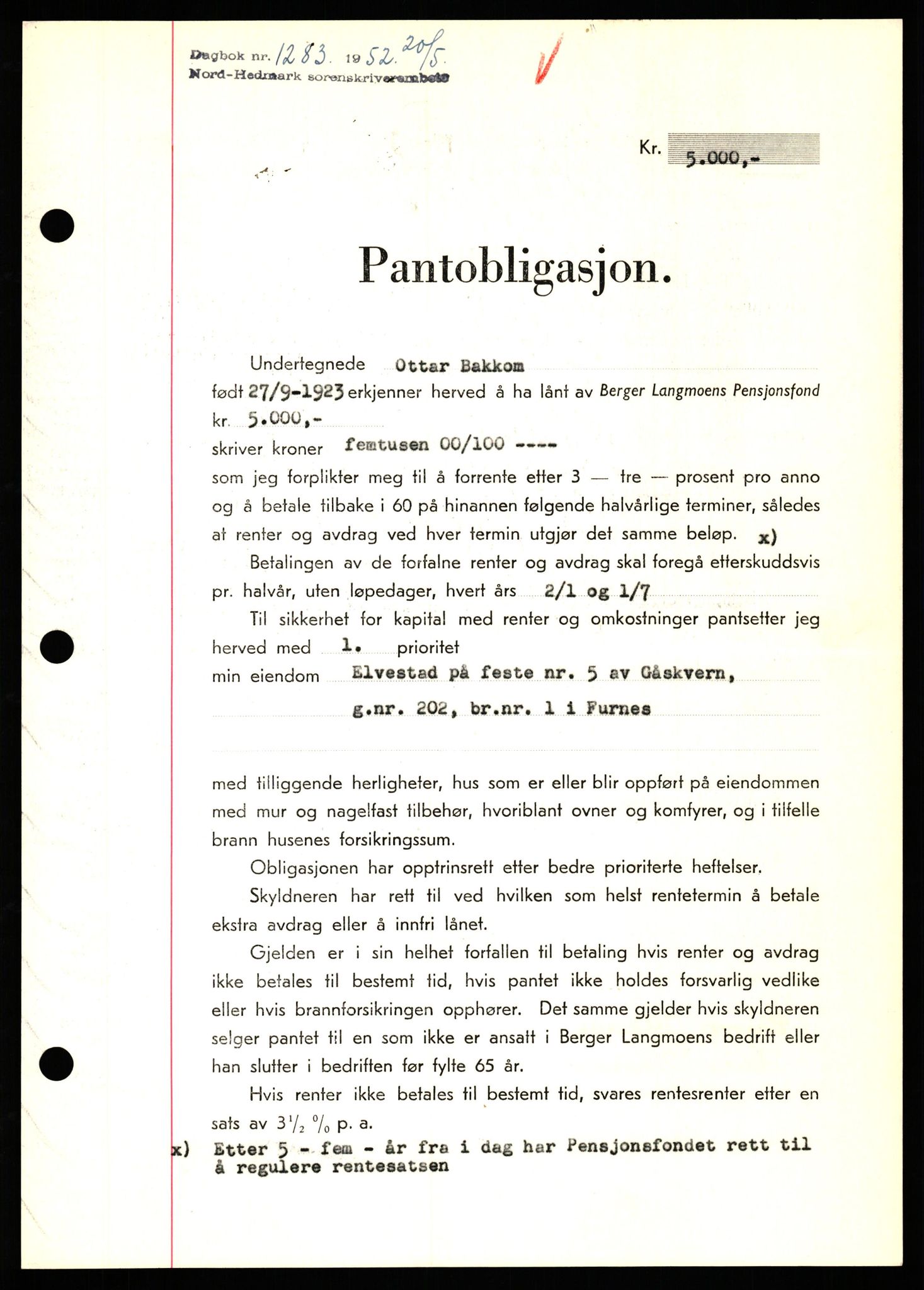 Nord-Hedmark sorenskriveri, SAH/TING-012/H/Hb/Hbf/L0025: Pantebok nr. B25, 1952-1952, Dagboknr: 1283/1952