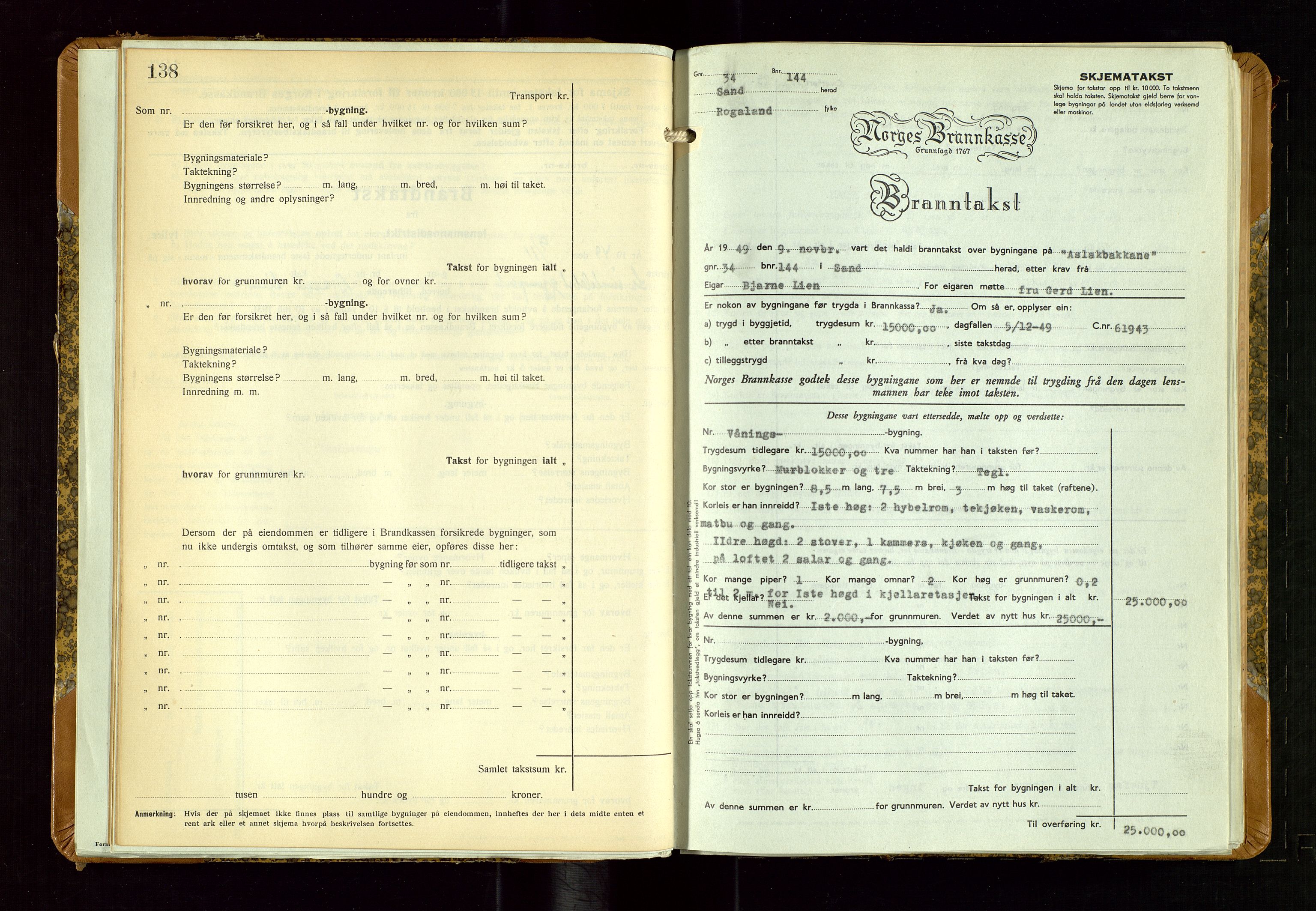 Sand lensmannskontor, AV/SAST-A-100415/Goc/L0002: "Brandtaxationsprotokol", 1936-1952, s. 138-139