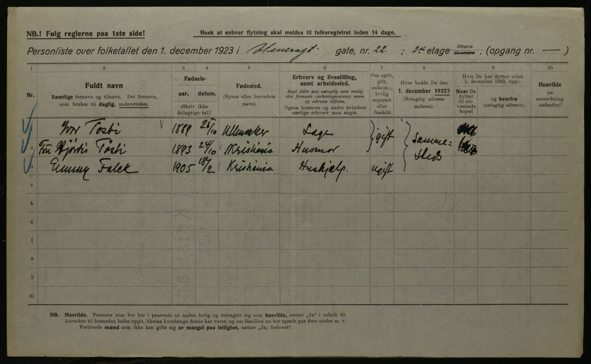 OBA, Kommunal folketelling 1.12.1923 for Kristiania, 1923, s. 112101